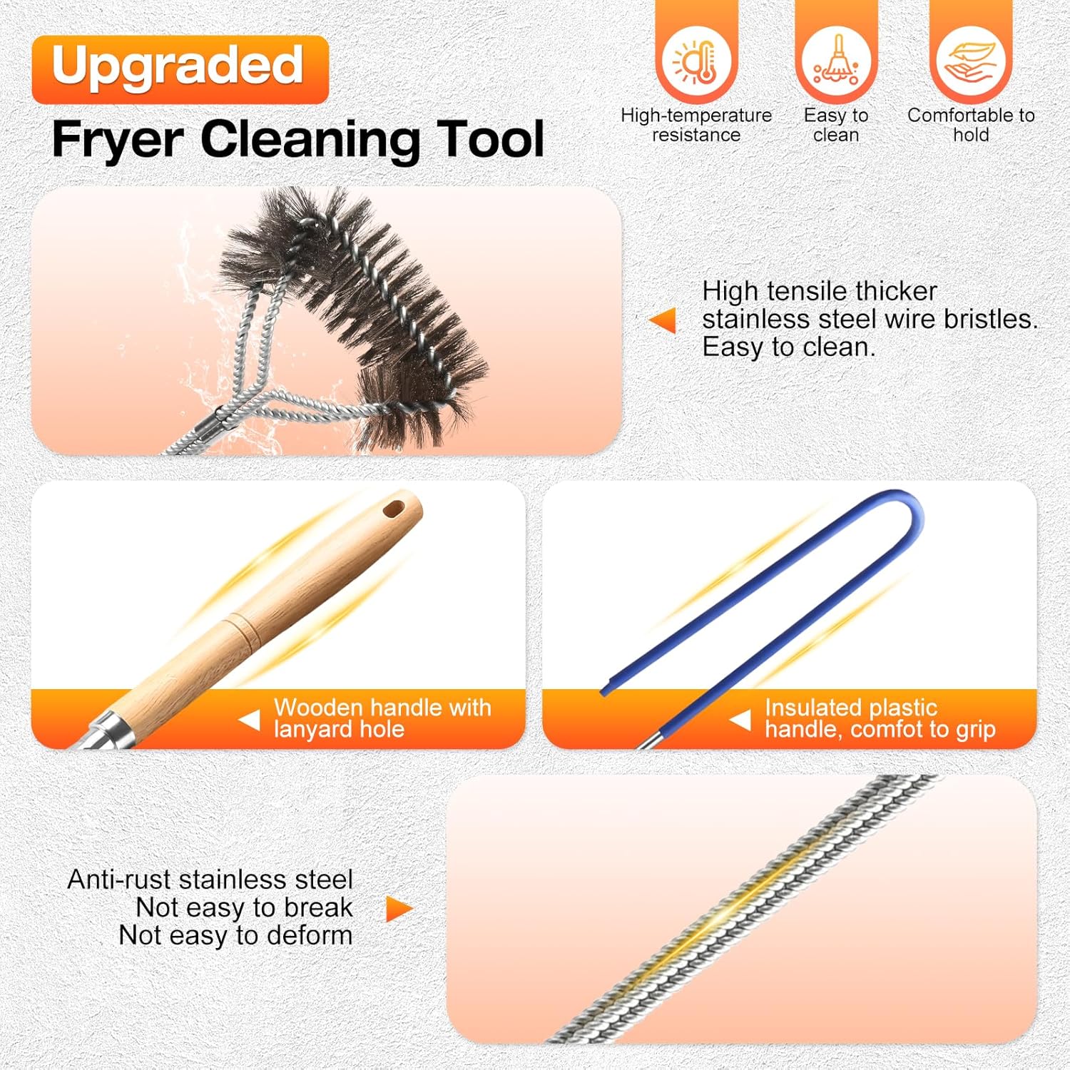 Fryer Cleaning Tools Set of 3, Stainless Steel Deep Fryer Basket Brush, Long Handle L-Shaped Crevice Cleaning Brush and Cleanout Rod Kit for Kitchen Restaurant, Electric Fryer Degreasing Scrubber Tool