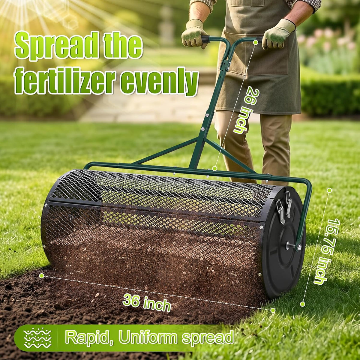 High-Capacity Metal Mesh Drum Compost Spreader with Side-Lock Peat Mos ...