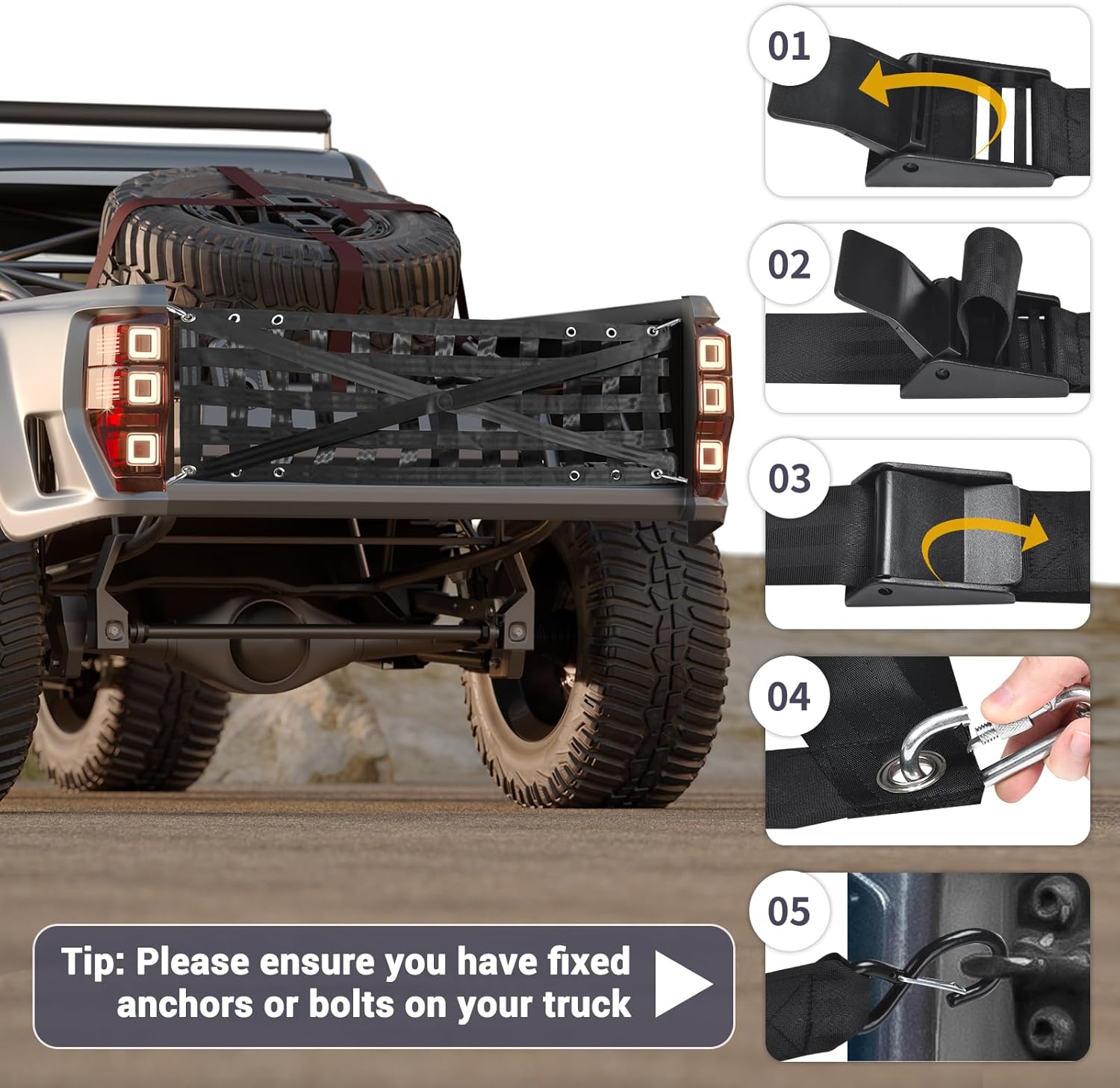 Tailgate Net with Adjustable Buckle Straps, 54"x17.7" Tailgate Cargo Net for Truck Bed, Perfect for Jeep, Pickup, Truck, Chevrolet, Ford (Black)