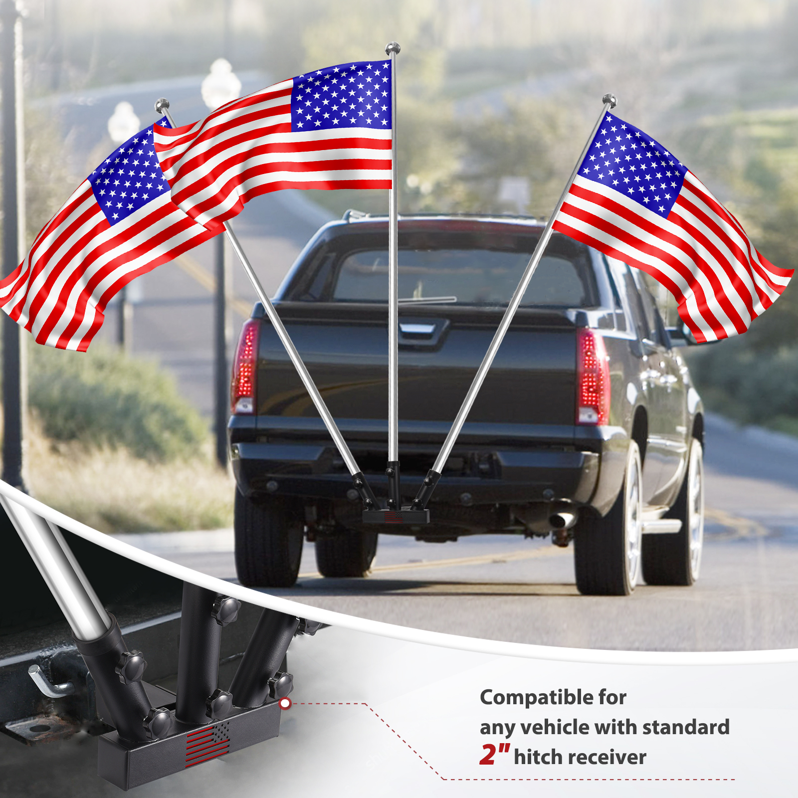 Trailer Hitch Flagpole Mount,Two Mounting Options US Flag Hitch Mount，Universal Flag Hitch Mount for All 2" Receiver, Trailer Hitch Flag Pole Holder for Driving, Black