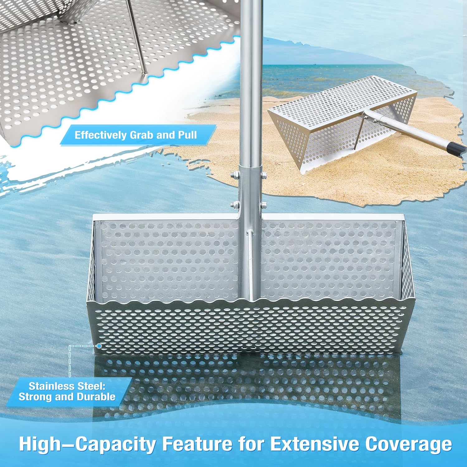 Sand Flea Rake, Long Handle Sand Sifter for The Beach, Stainless Steel Shark Tooth Sifter Comes with A 16-Inch Wide Mesh Screen for Collecting Fleas, Shark Teeth, and Seashells