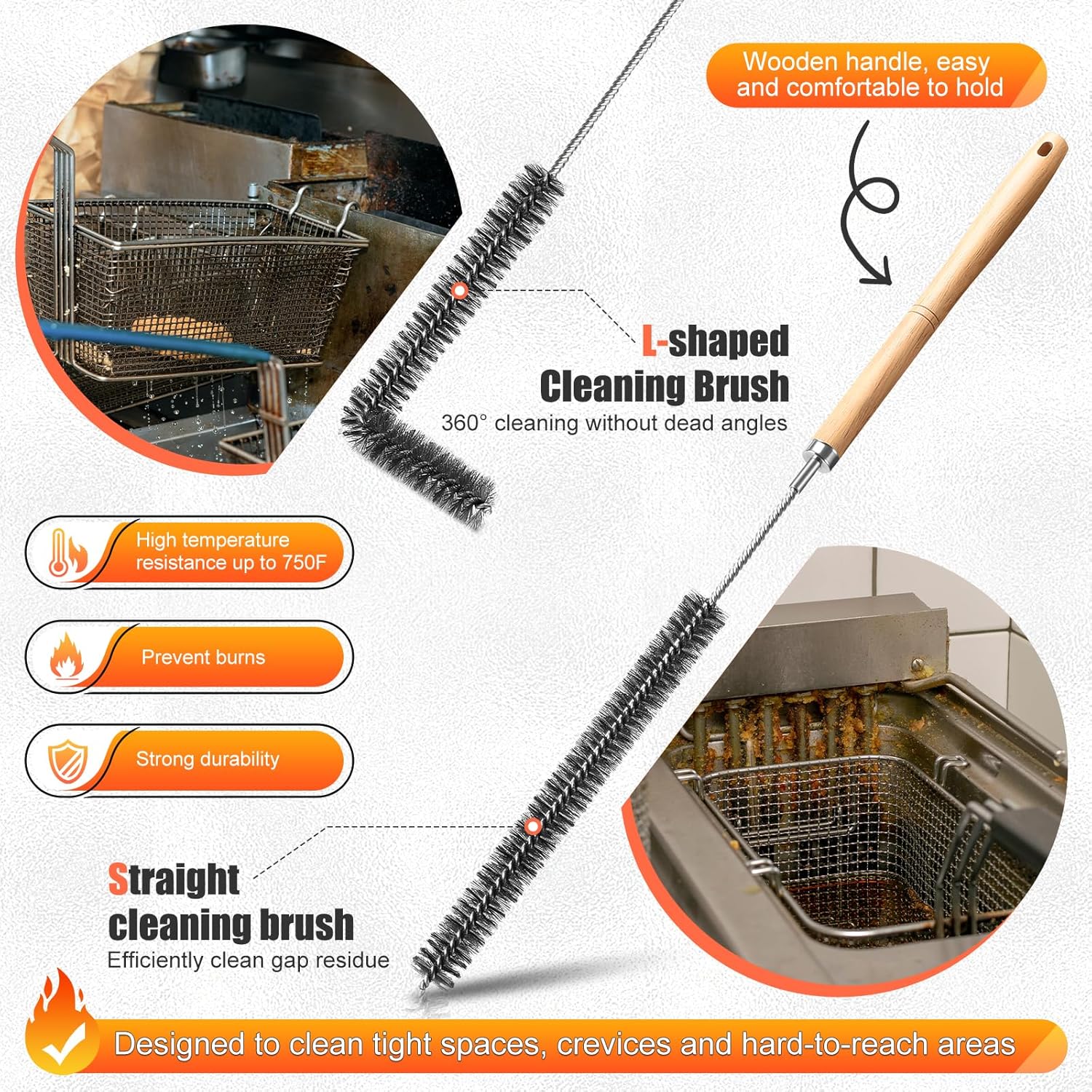 Fryer Cleaning Tool 5 Piece Set, Deep Fryer Basket Brush, Long Handle L-Shaped & Straight Crevice Cleaning Brush, Cleanout Rod Kit and V-Shaped Strainer Scoop for Restaurant, Kitchen Maintenance