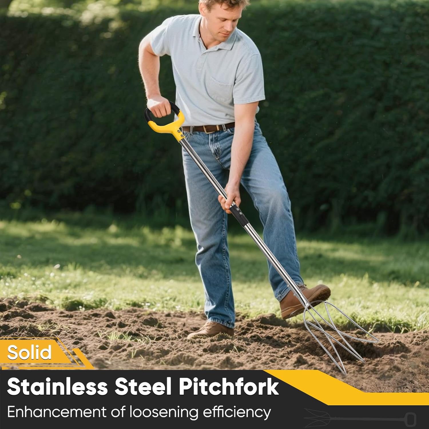 Pitchfork for Gardening, 50" Multifunctional Stainless Steel Garden Pitchfork with Handle, Suitable for Shoveling, Fertilizing, Transplanting, Mulching Garden Fork - 10 Tines