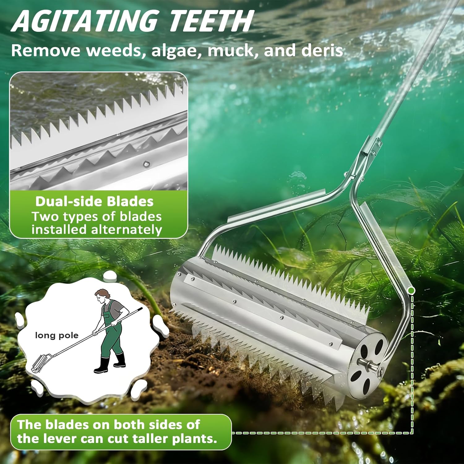 Pond Rake Roller, Lake Weed Cutter Remover, Stainless Steel Beach Roll ...