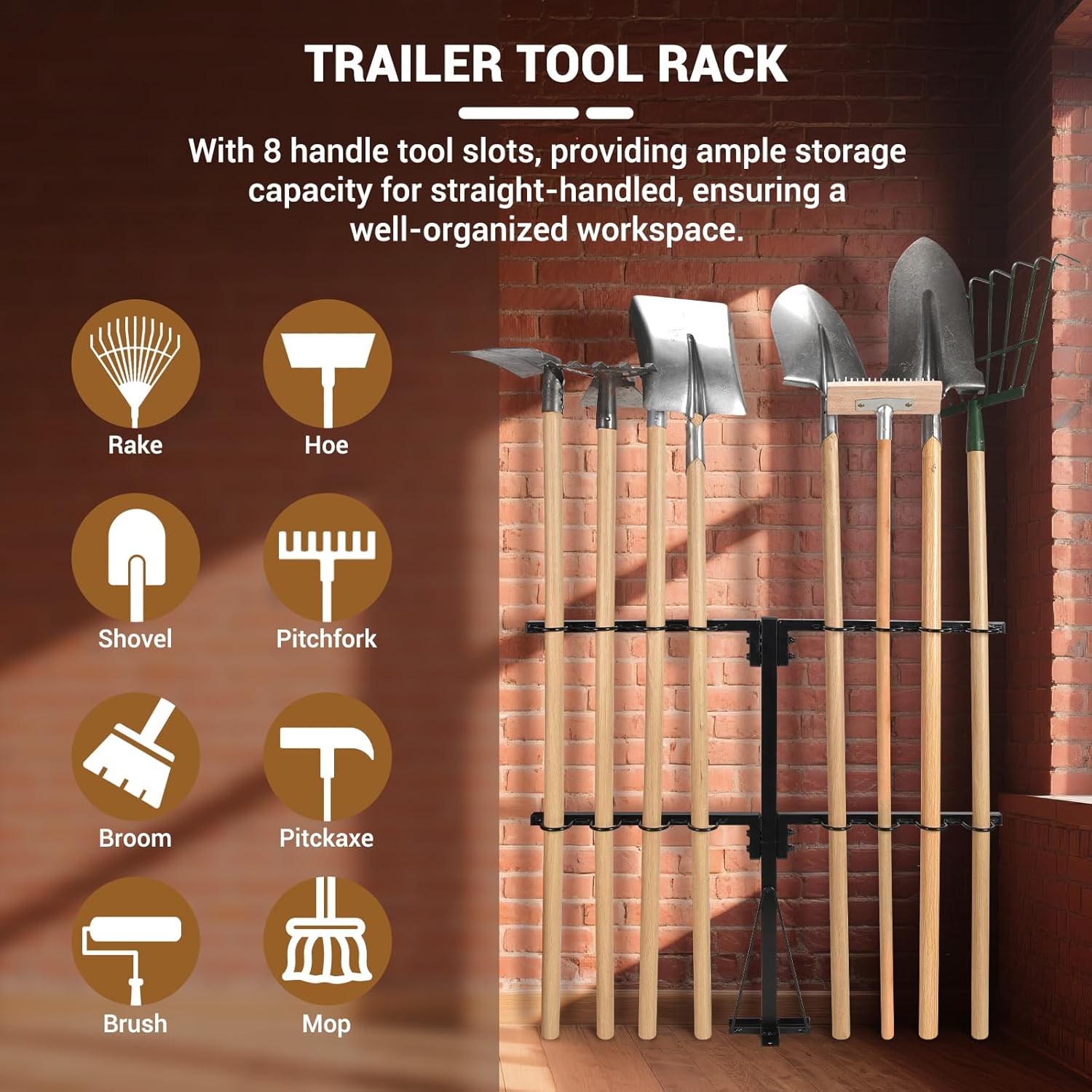 Upgraded Utility Trailer Accessories Trailer Tool Rack with 8 Tool Holes, Heavy-Duty Landscape Trailer Accessories Reinforced Base Shovel Holder Handle Tool Rack for Truck, Trailer