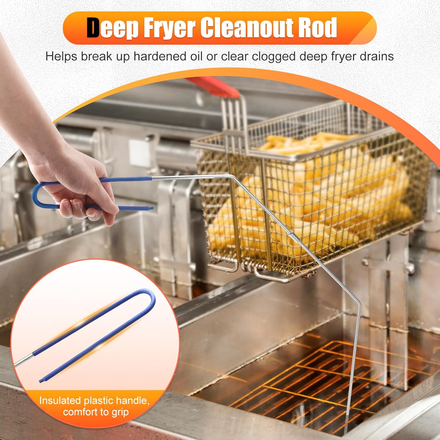 Fryer Cleaning Tool 5 Piece Set, Deep Fryer Basket Brush, Long Handle L-Shaped & Straight Crevice Cleaning Brush, Cleanout Rod Kit and V-Shaped Strainer Scoop for Restaurant, Kitchen Maintenance