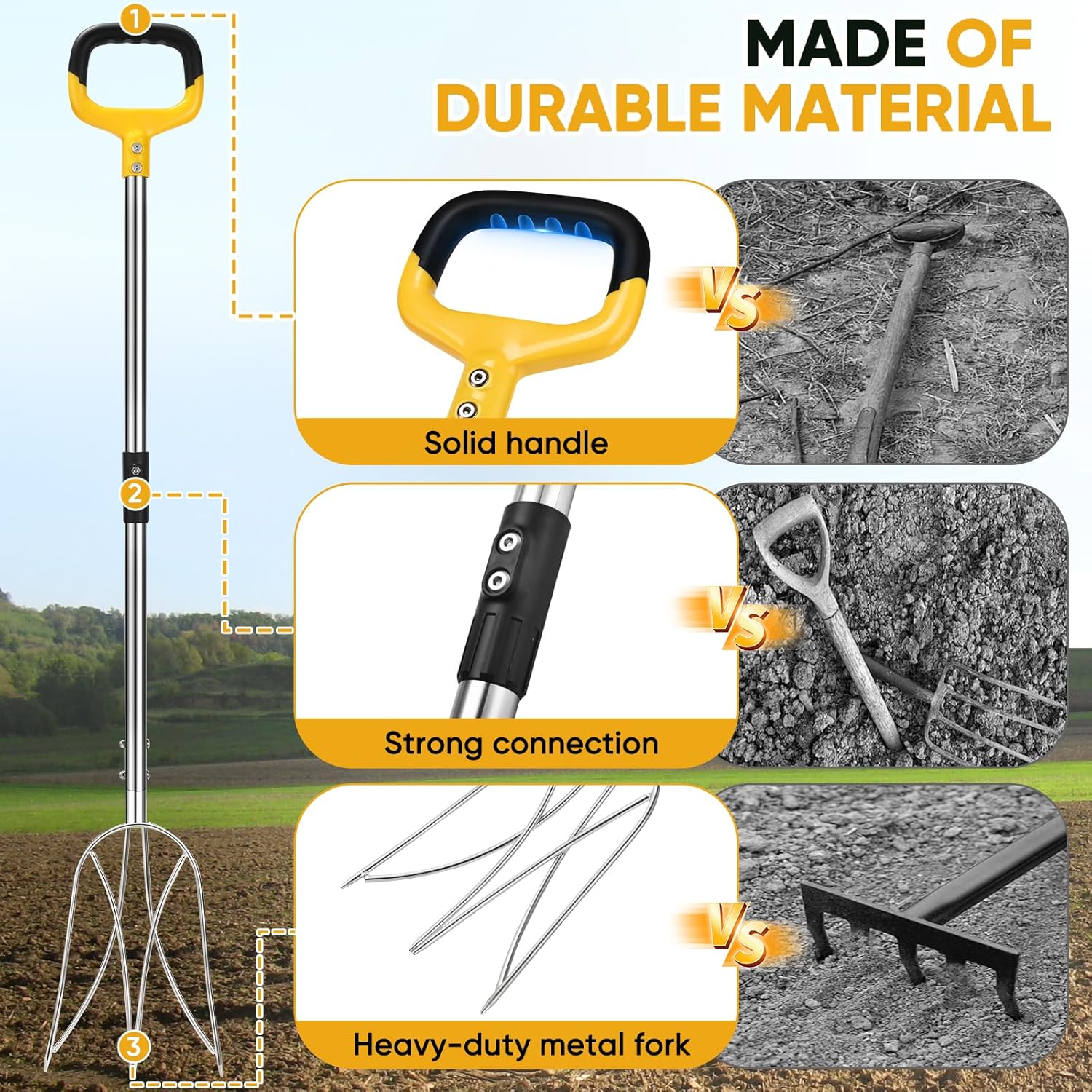 Pitchfork for Gardening, 50" Multifunctional Stainless Steel Garden Pitchfork with Handle, Suitable for Shoveling, Fertilizing, Transplanting, Mulching Garden Fork - 10 Tines