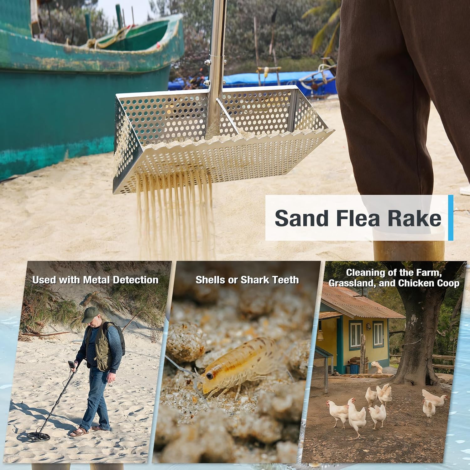 Sand Flea Rake, Long Handle Sand Sifter for The Beach, Stainless Steel Shark Tooth Sifter Comes with A 16-Inch Wide Mesh Screen for Collecting Fleas, Shark Teeth, and Seashells