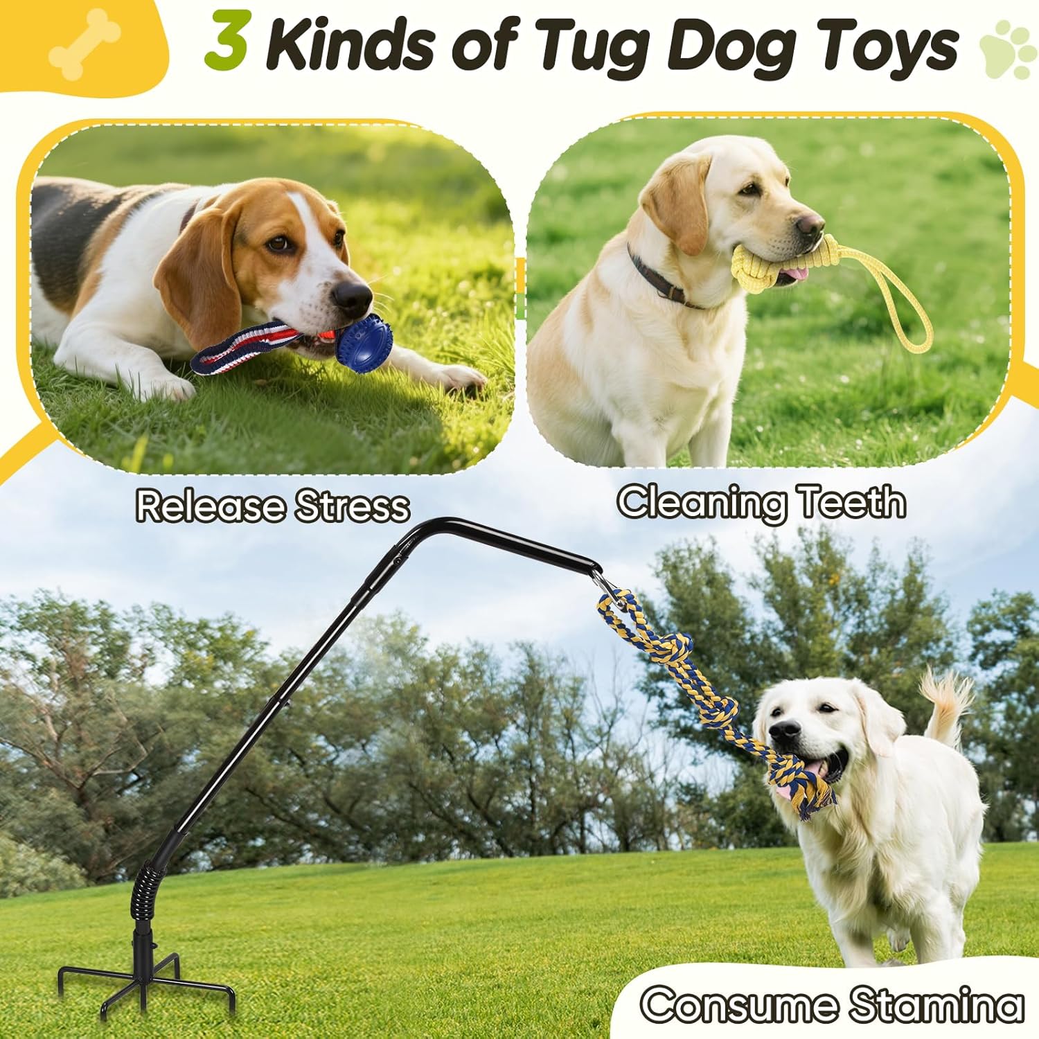 Tether Tug Outdoor Dog Toy with Strengthen Spring Pole, 3 Kinds Dog Tug of War Toys for Self Play and Interactive in Park, Yard, Lawn Rope, Suitable for Large Medium Small Dogs (Black)