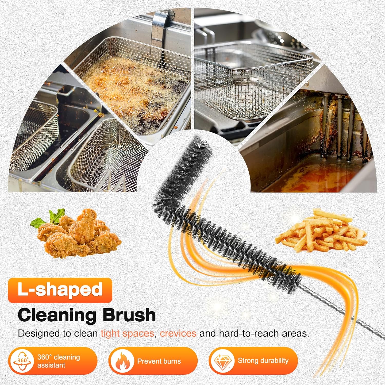 Fryer Cleaning Tools Set of 3, Stainless Steel Deep Fryer Basket Brush, Long Handle L-Shaped Crevice Cleaning Brush and Cleanout Rod Kit for Kitchen Restaurant, Electric Fryer Degreasing Scrubber Tool