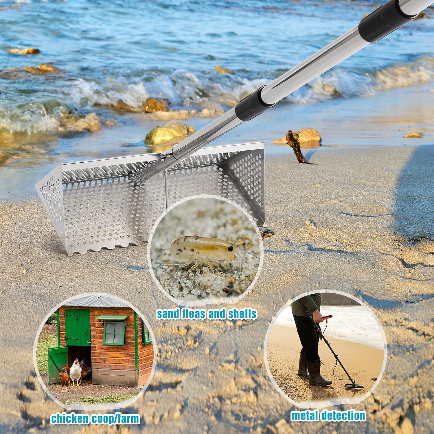 Sand Flea Rake, Stainless Steel Sand Sifter, Shark Tooth Sifter with A 16-Inch Wide Drain Screen for Finding Fleas,Shells and Shark Teeth