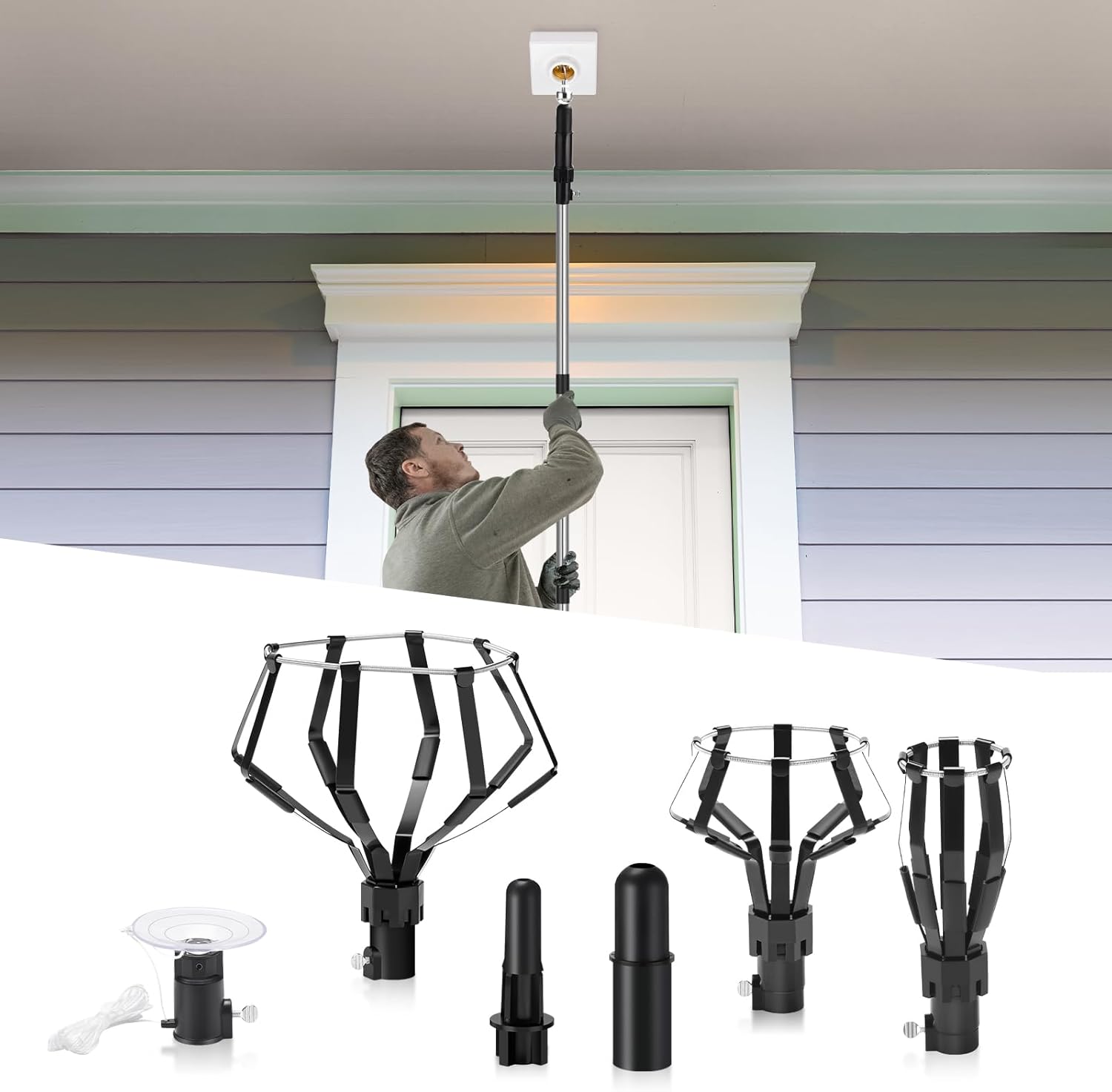 12FT Light Bulb Changer for High Ceilings, 5-Piece Light Bulb Changer with Broken Bulb Extractor, Baskets and Suction Cup, High Ceiling Light Bulb Changer with Pole - Light Bulb Removal Tool