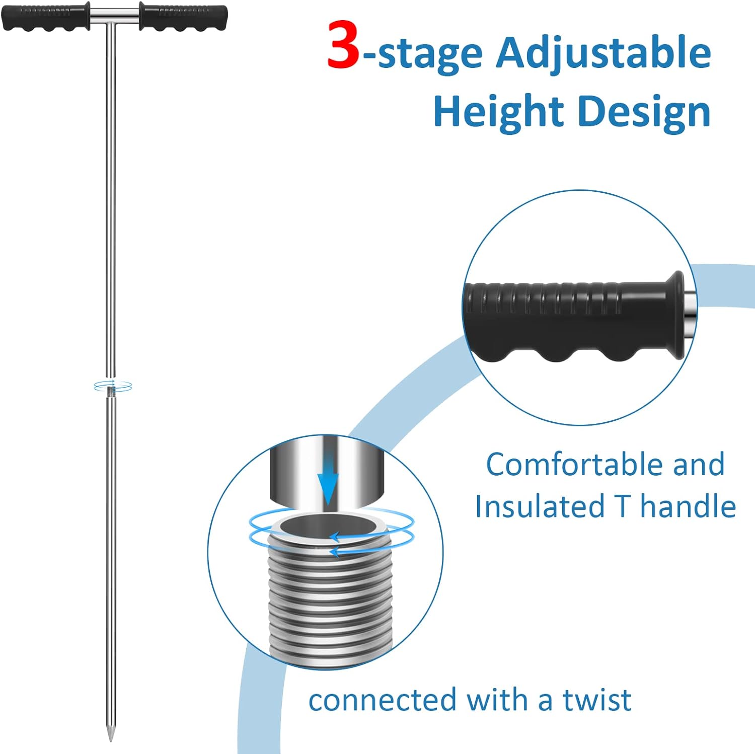 GADFISH Stainless Steel Soil Probe Rod,32-48 Inch Hight Adjustable Ground Rod Tool with T-Handle for Locating Septic Tanks,Underground Pipes,Water Lines,Graves and Gopher Runs