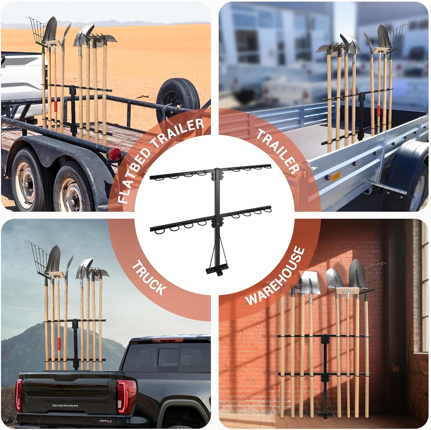 Upgraded Utility Trailer Accessories Trailer Tool Rack with 8 Tool Holes, Heavy-Duty Landscape Trailer Accessories Reinforced Base Shovel Holder Handle Tool Rack for Truck, Trailer