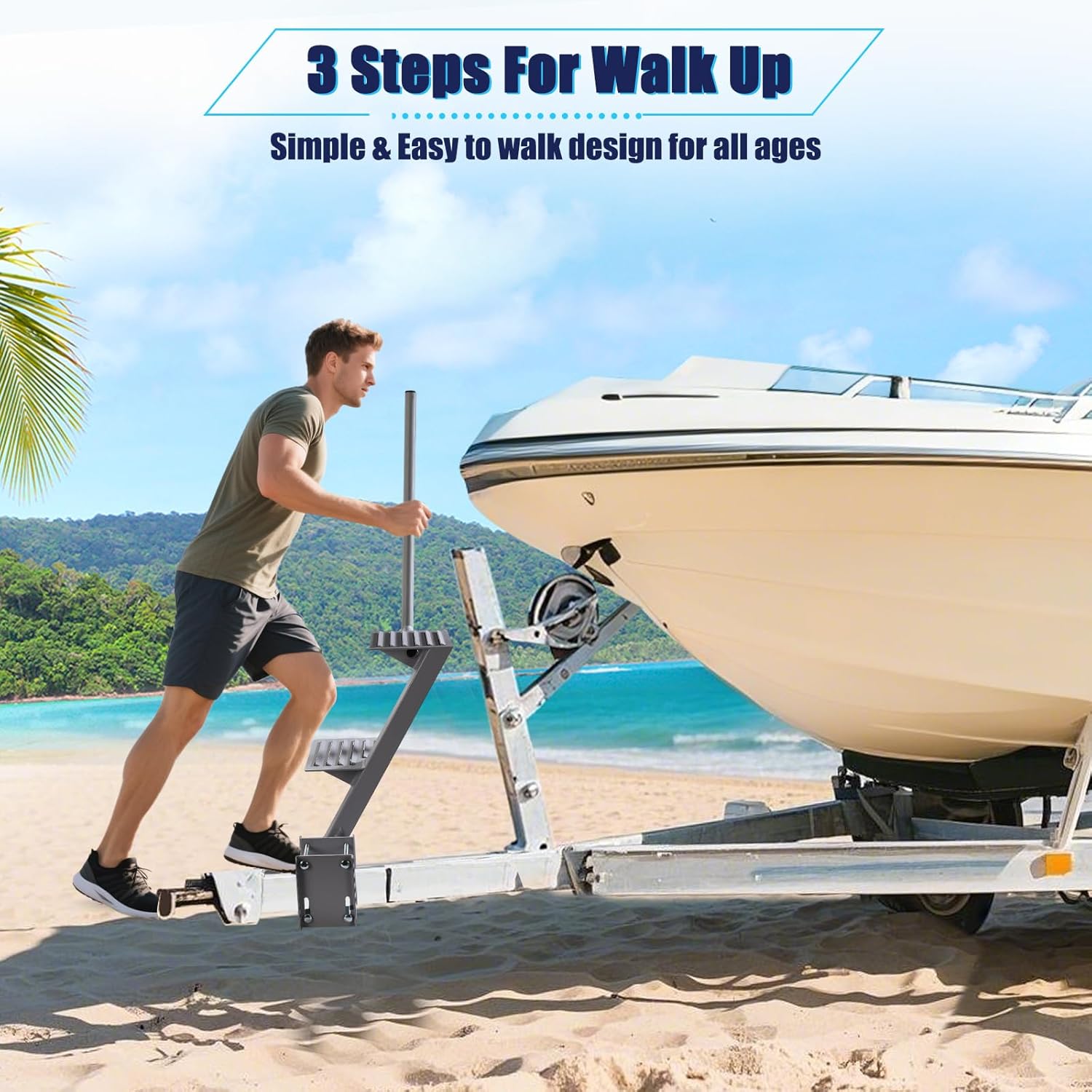 GADFISH Trailer Steps, Heavy Duty Boat Trailer Steps with 3 Steps, Boat Steps for Trailer, Boat Trailer Tongue Steps with Handle, Suitable for 4 x 4 inches Trailer Frame, Silver