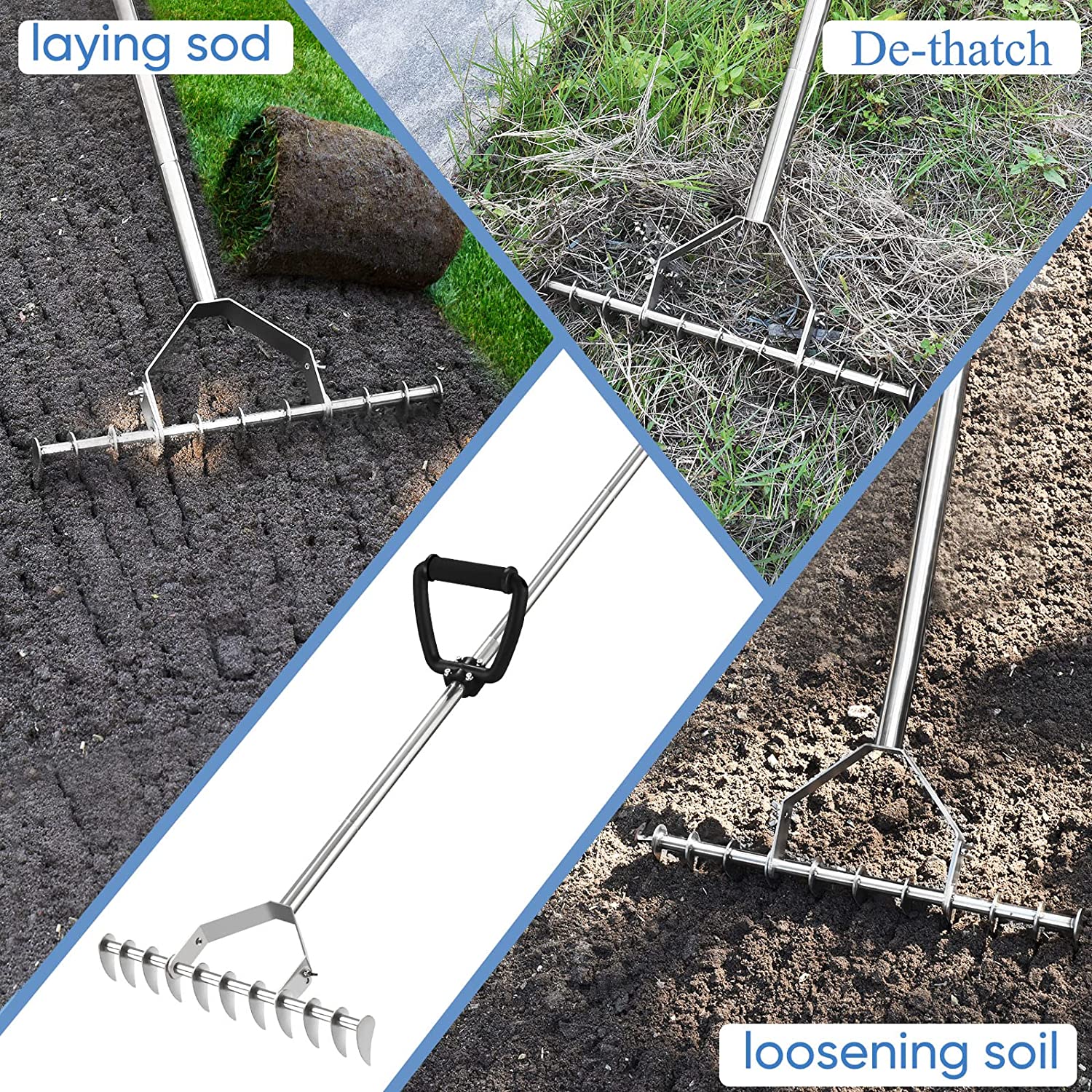 DACK 64" Thatch Rake,Dethatcher Lawn Rake with Back-Saving Handle,Curved Steel Tines for Cleaning Dead Grass,Fertilizing Reseeding Cultivator on Small Yard Garden Made of Stainless Steel with Gloves