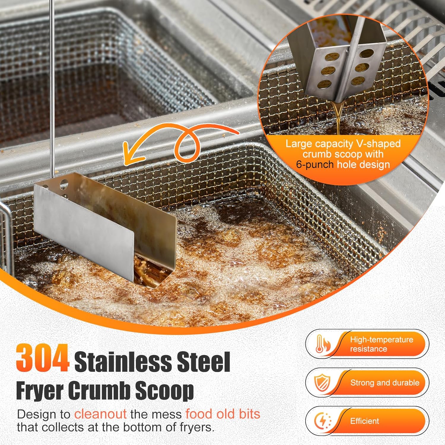 Fryer Cleaning Tool 5 Piece Set, Deep Fryer Basket Brush, Long Handle L-Shaped & Straight Crevice Cleaning Brush, Cleanout Rod Kit and V-Shaped Strainer Scoop for Restaurant, Kitchen Maintenance