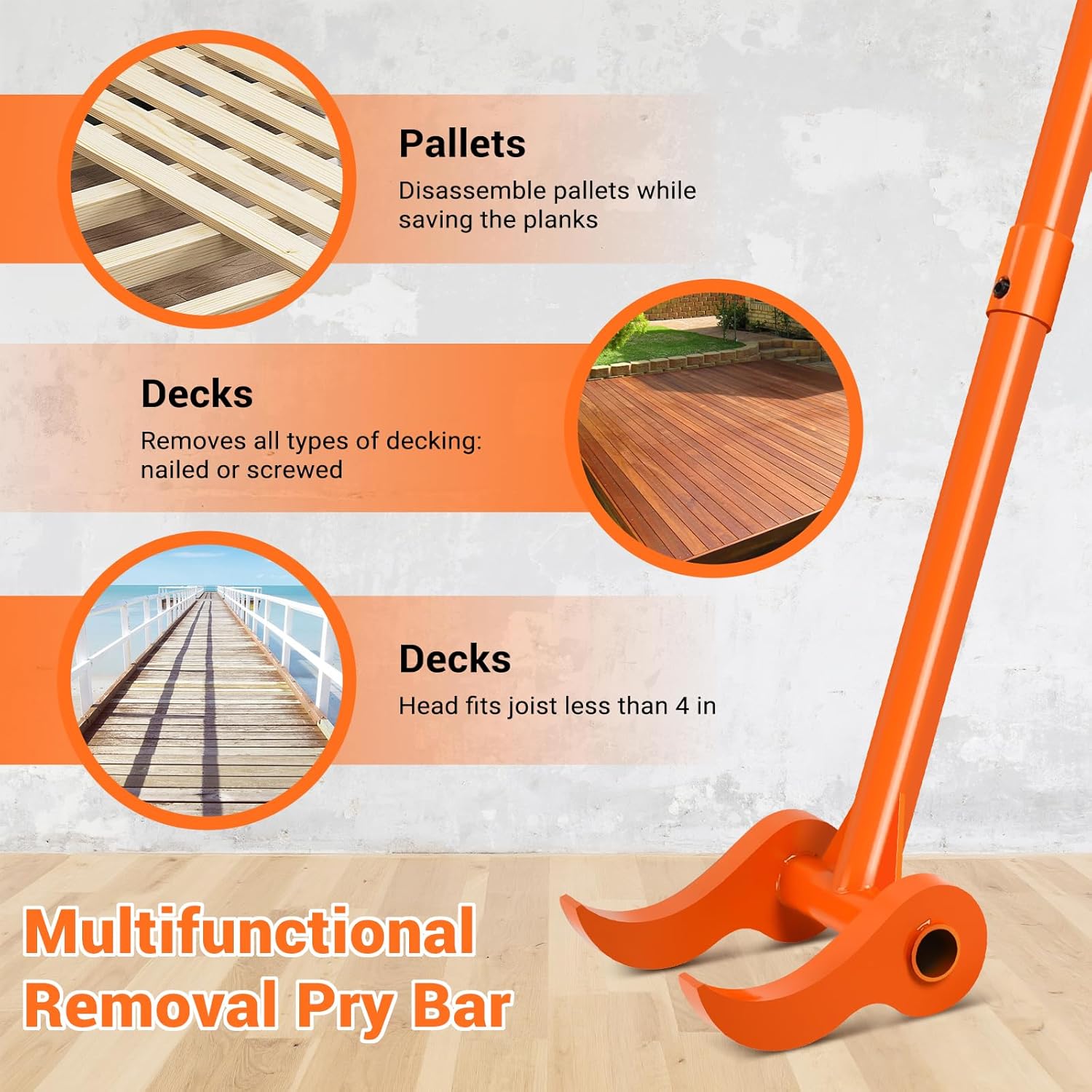 110 Degree Pallet Buster, 48" Carbon Steel Deck Board Removal Tool, Powerful Pry Bar for Deck, Pallet, Hardwood Board Demolition Without Wrist Strain