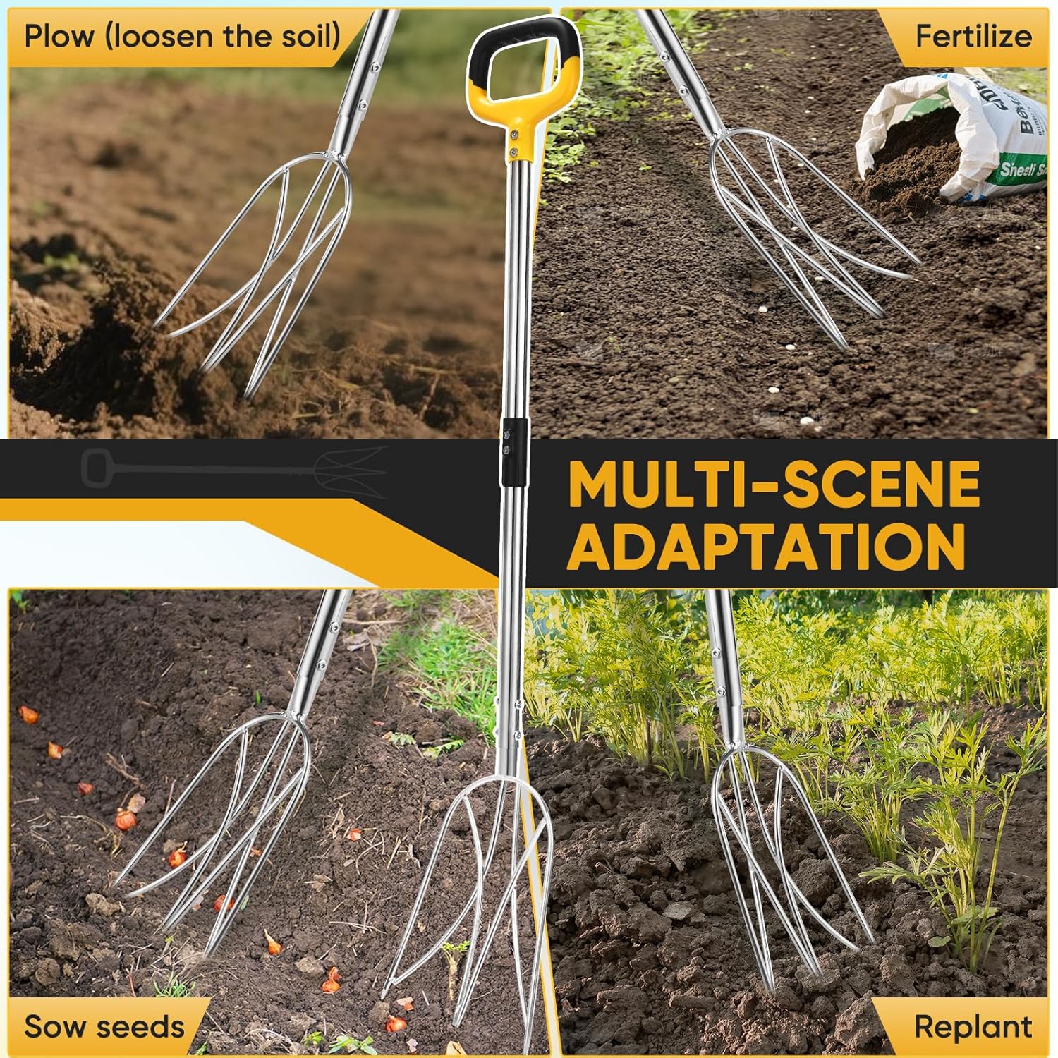 Pitchfork for Gardening, 50" Multifunctional Stainless Steel Garden Pitchfork with Handle, Suitable for Shoveling, Fertilizing, Transplanting, Mulching Garden Fork - 10 Tines