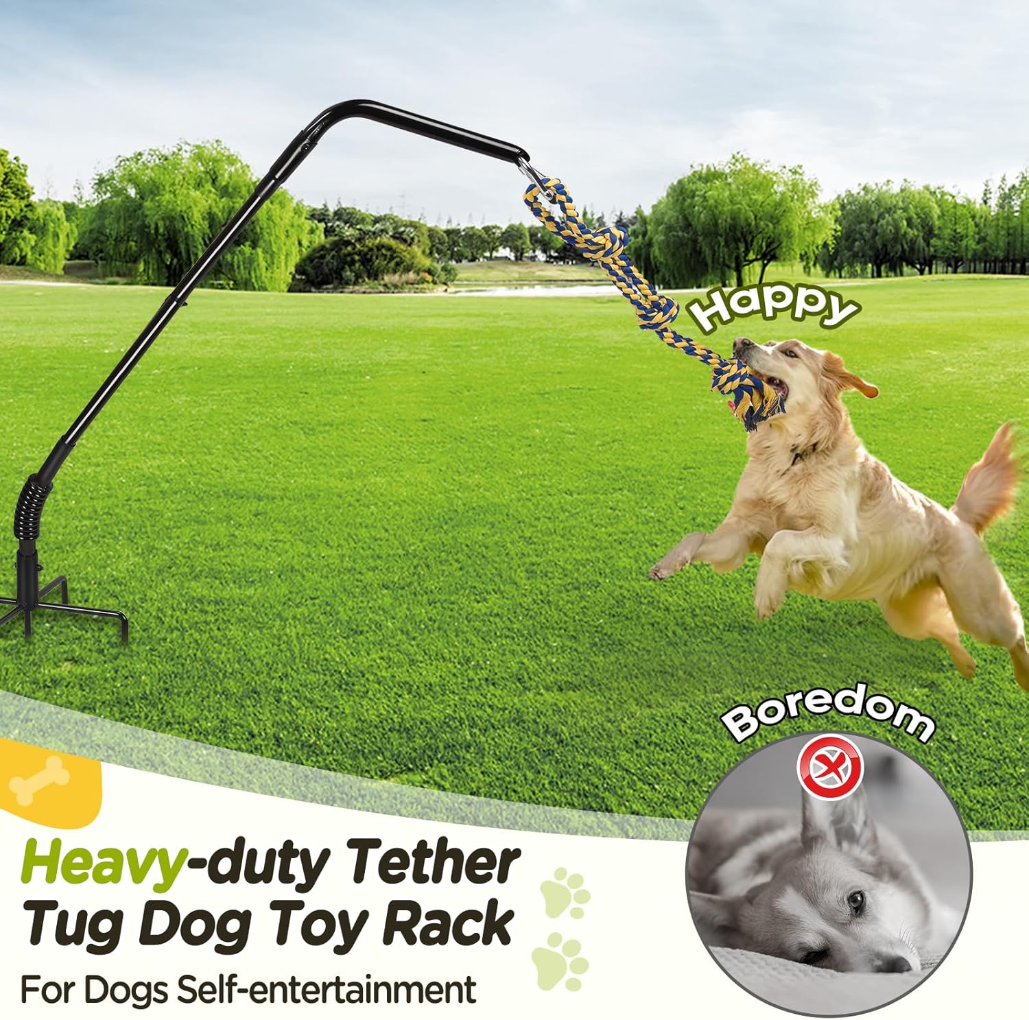Tether Tug Outdoor Dog Toy with Strengthen Spring Pole, 3 Kinds Dog Tug of War Toys for Self Play and Interactive in Park, Yard, Lawn Rope, Suitable for Large Medium Small Dogs (Black)