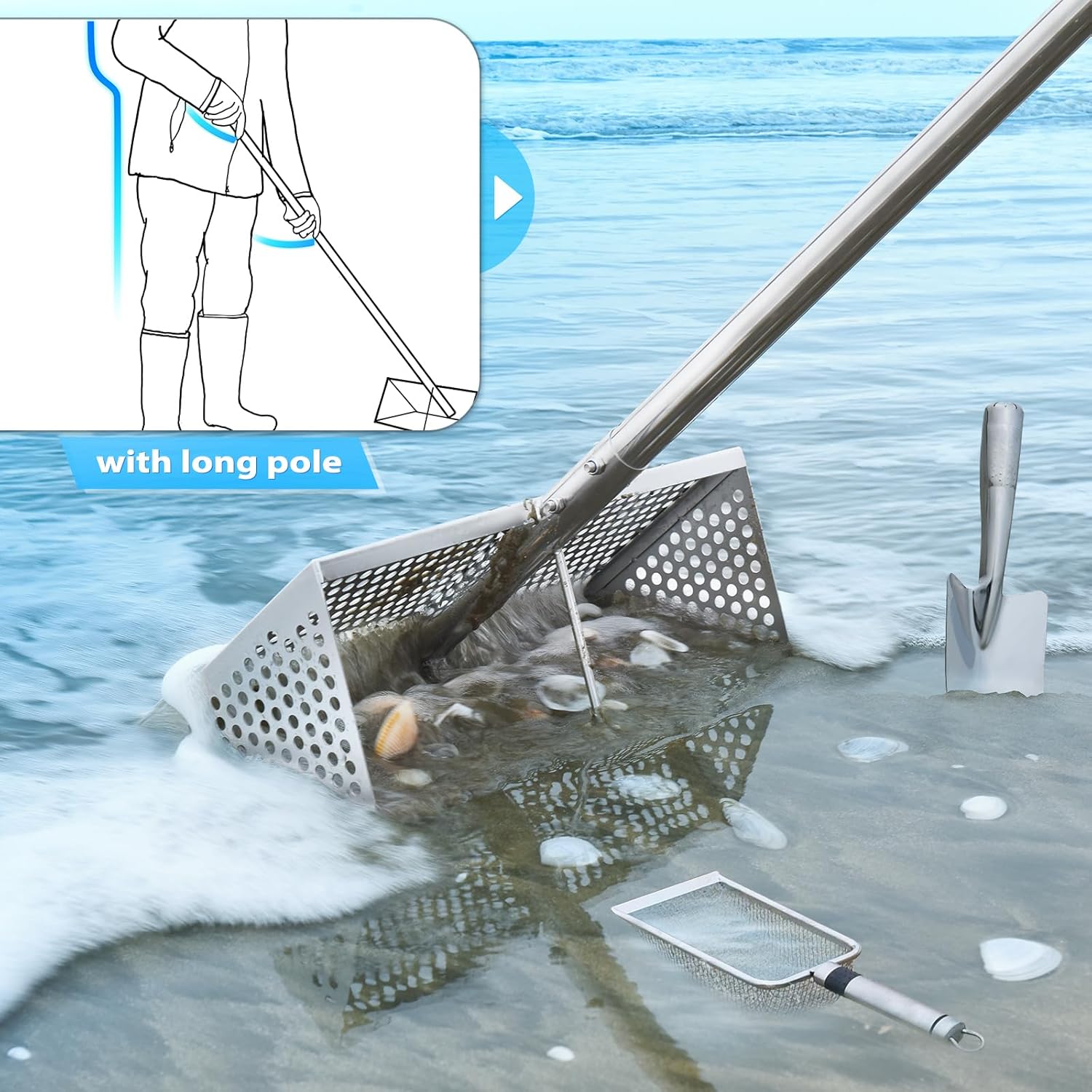 Sand Flea Rake, Long Handle Sand Sifter for The Beach, Stainless Steel Shark Tooth Sifter Comes with A 16-Inch Wide Mesh Screen for Collecting Fleas, Shark Teeth, and Seashells