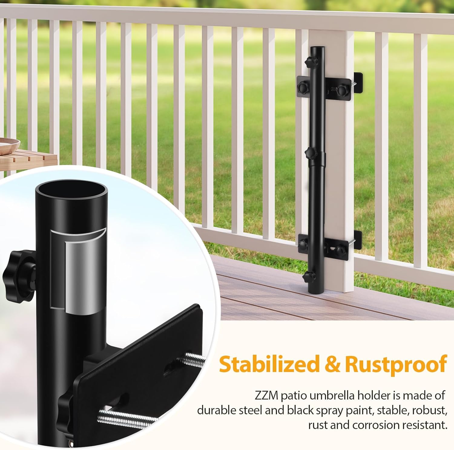 ZZM Patio Umbrella Holder for Deck Railing, Adjustable Deck Umbrella Mount Outdoor, Attachable to Railing Mounting Brackets - Upgraded 3 Screws to Secure Umbrella Handle, Maximizes Deck Space (Dark)