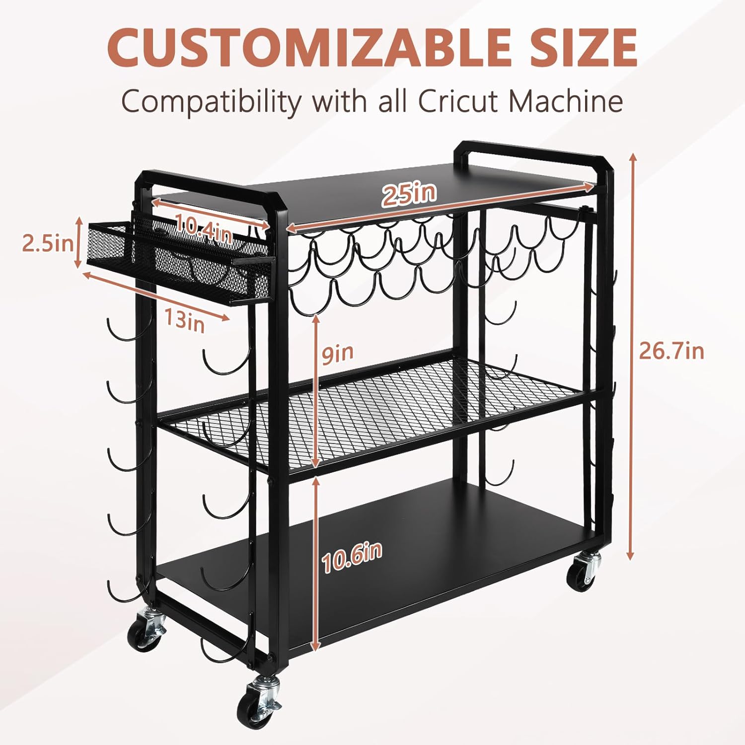 Rolling Craft Storage Cart and Organizer Table Compatible with Cricut Machine- Mobile Vinyl Roll Holder Rack, Vinyl Roll Storage Cart Rack with 25 Vinyl Roll Holders for Home Craft Room