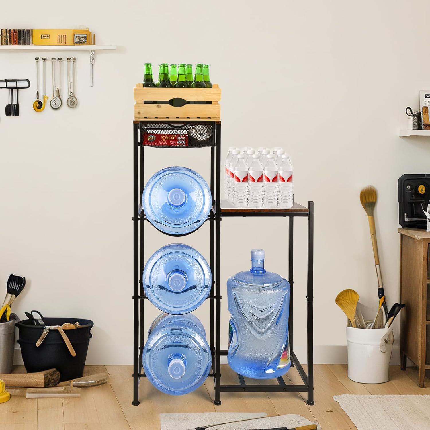 5 Gallon Water Jug Holder with Drawers, Heavy Duty Water Jug Stand with Water Dispenser Stand, 5 Gal Water Bottle Holder Water Cooler Jug Rack with 2 Wood Storage Shelves