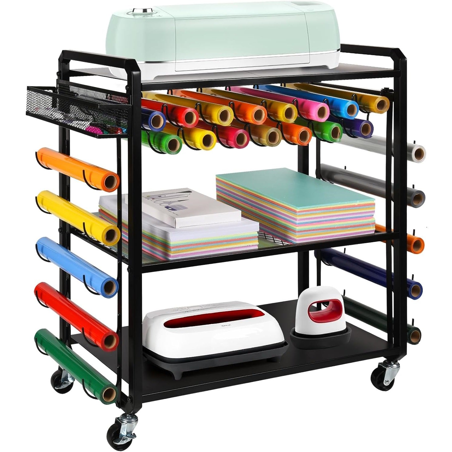 Rolling Craft Storage Cart and Organizer Table Compatible with Cricut Machine- Mobile Vinyl Roll Holder Rack, Vinyl Roll Storage Cart Rack with 25 Vinyl Roll Holders for Home Craft Room