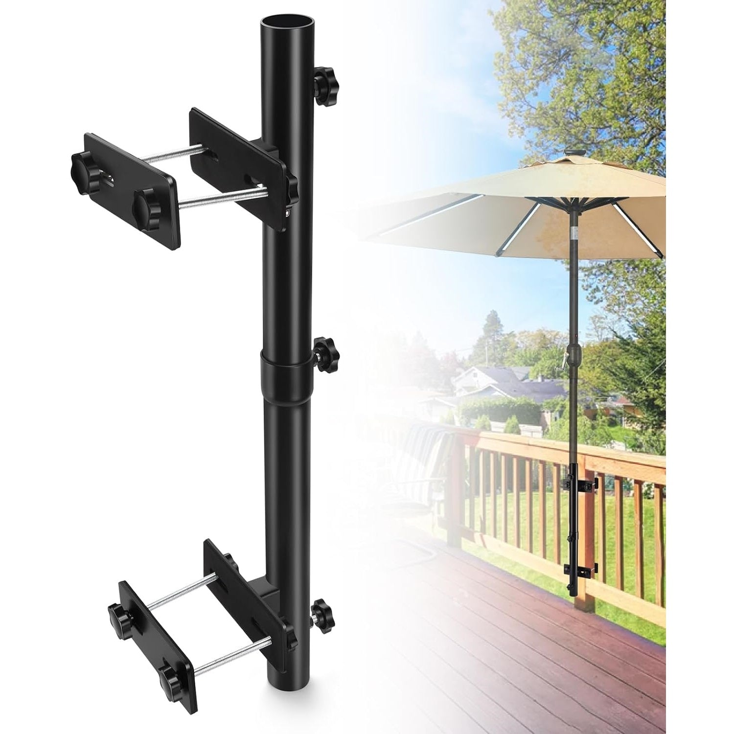 ZZM Patio Umbrella Holder for Deck Railing, Adjustable Deck Umbrella Mount Outdoor, Attachable to Railing Mounting Brackets - Upgraded 3 Screws to Secure Umbrella Handle, Maximizes Deck Space (Dark)