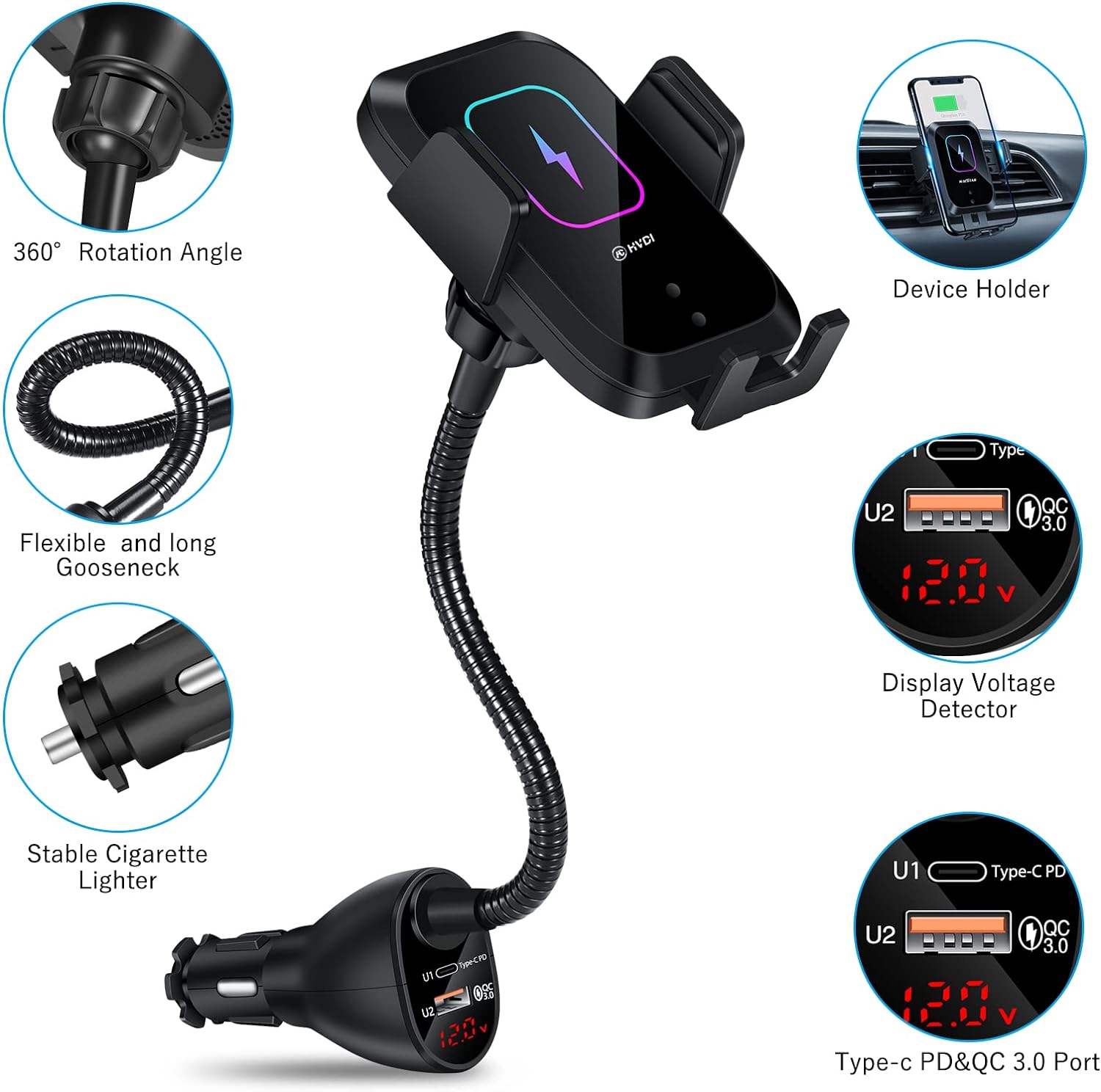 HVDI Wireless Car Charger Mount,Car Cigarette Lighter 15W Qi Fast Charging Auto-Clamping Dual QC 3.0 Port Air Vent Car Charger Phone Holder,for iPhone 13 Pro Max/12/11/XR/X/8,Samsung S21/S20/S10/9/8