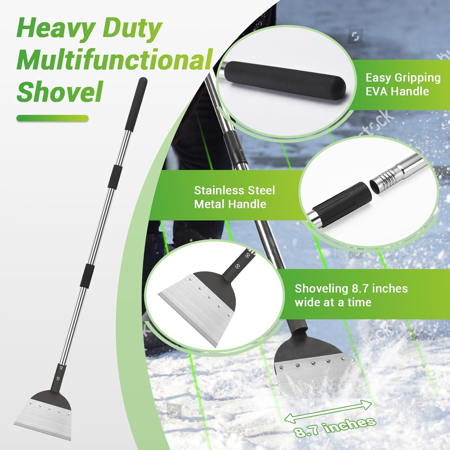 Multifunctional Garden Flat Shovel, Heavy Duty Steel Snow Shovel with 45" Stainless Steel Handle, Gardening Weed Spade Shovel, Cleaning Scraper for Weeding, Lawn Edging, Digging, Driveway Ice Remove