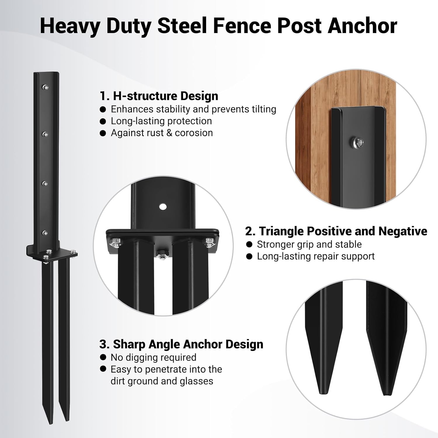 Fence Post Anchor Kit, Heavy Duty Steel Fence Post Repair Stakes, Fence Post Anchor Ground Spike for Repairing Tilted Broken Wooden Fence Post (4 Pack)