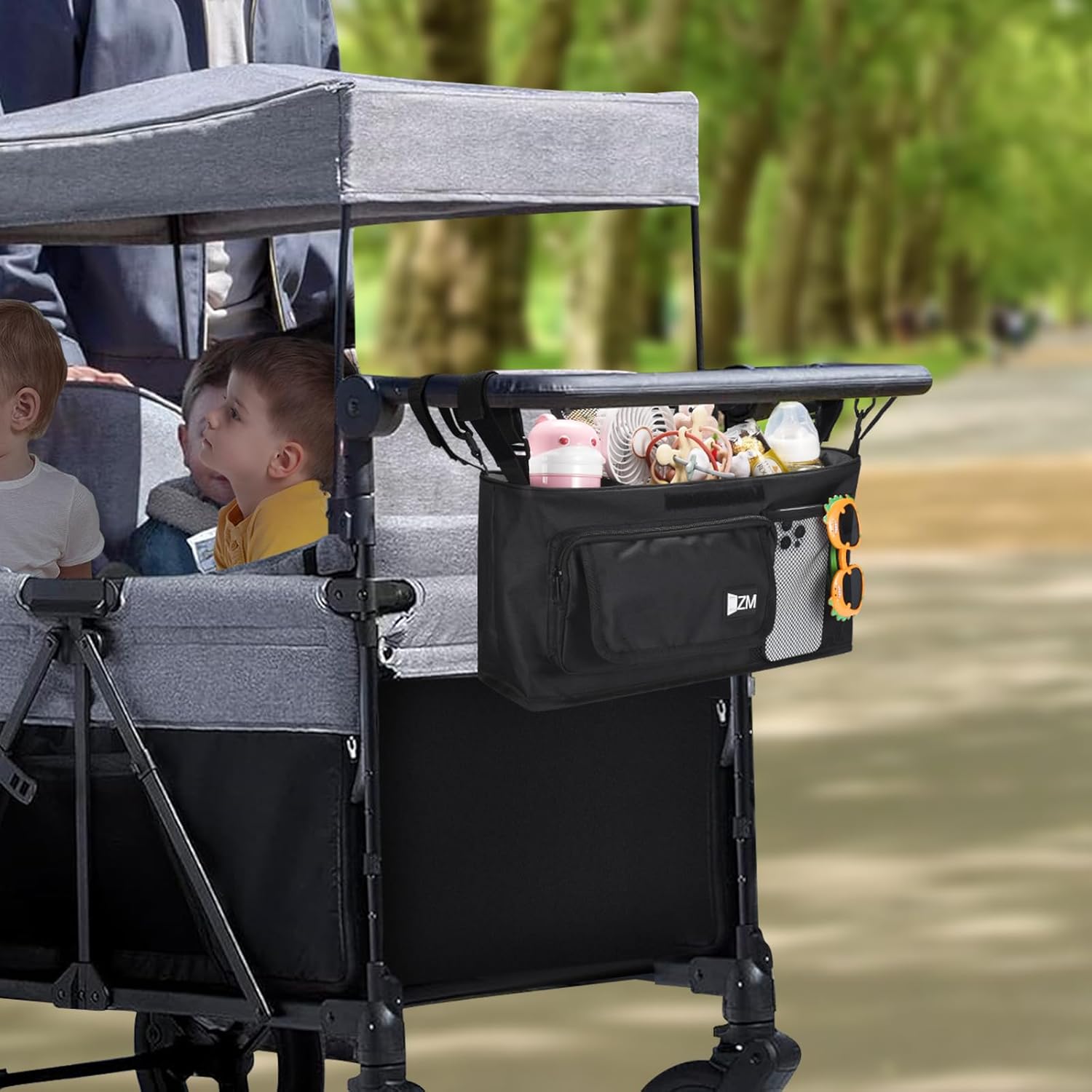 ZZM Stroller Wagon Organizer Compatible with WONDERFOLD W&X, Jeep Deluxe Wrangler, EVER ADVANCED Wagon, Parent Console Wagon Stroller Accessories with 2 Large Insulated Cup Holder(Empty Bag)