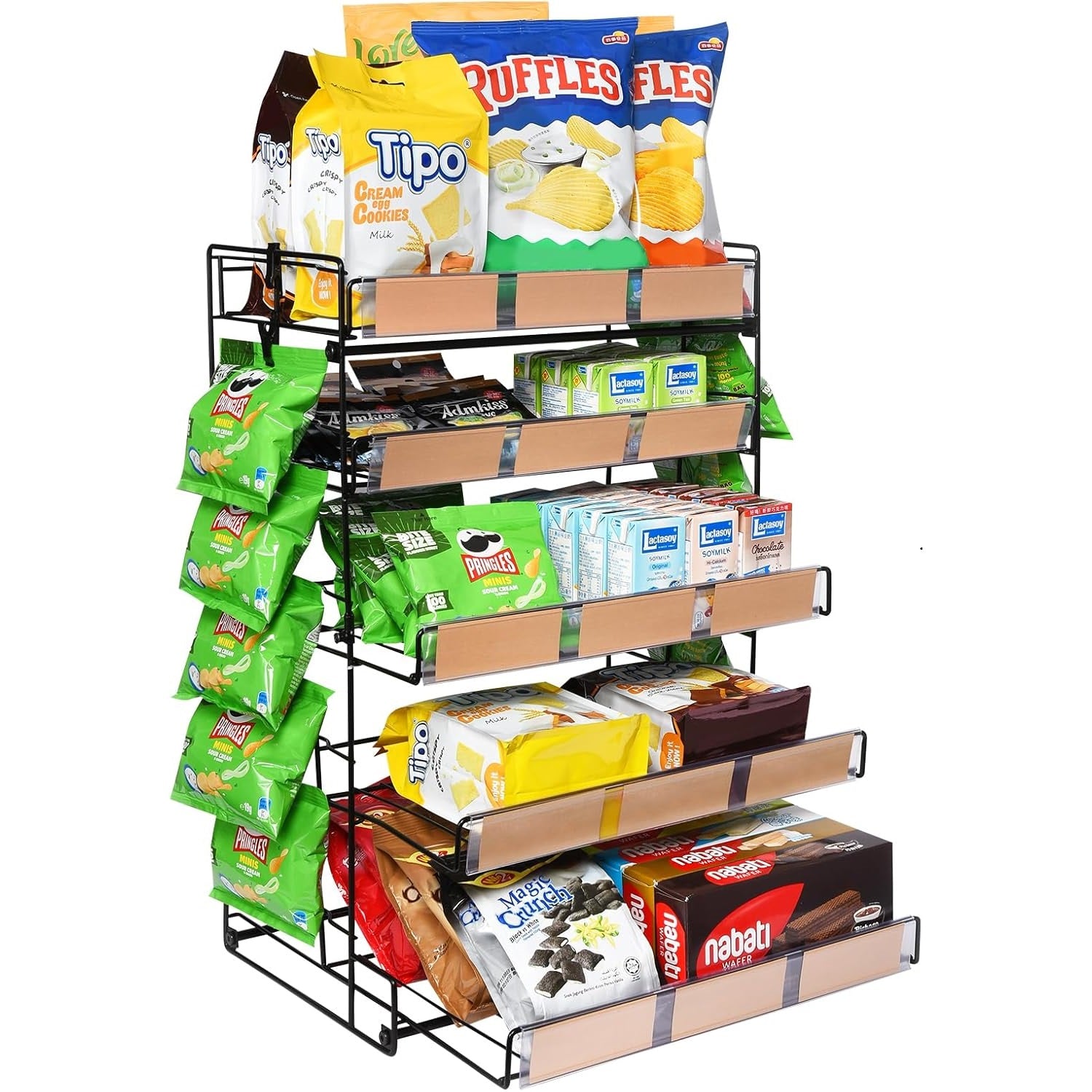 5-Tier Snack Organizer, Pull-Out Drawer Design Candy Display Rack, Metal Snack Display Stand with Chip Clip for Countertop, Large Snack Display Holder for Kitchen, Stores, Office, and More