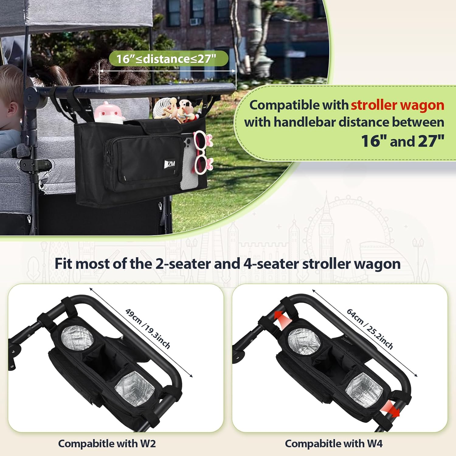 ZZM Stroller Wagon Organizer Compatible with WONDERFOLD W&X, Jeep Deluxe Wrangler, EVER ADVANCED Wagon, Parent Console Wagon Stroller Accessories with 2 Large Insulated Cup Holder(Empty Bag)