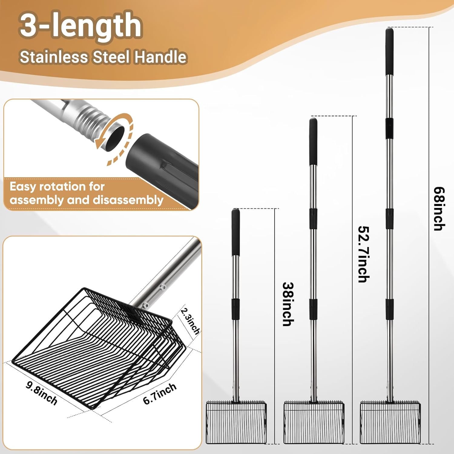 10inch Large Metal Chicken Poop Scooper, 4 in 1 Chicken Coop Litter Scoop with (24 to 68" Long) Stainless Steel Handle, Multifunctional Heavy Duty Litter Sifting Shovel Chicken Coop Accessories