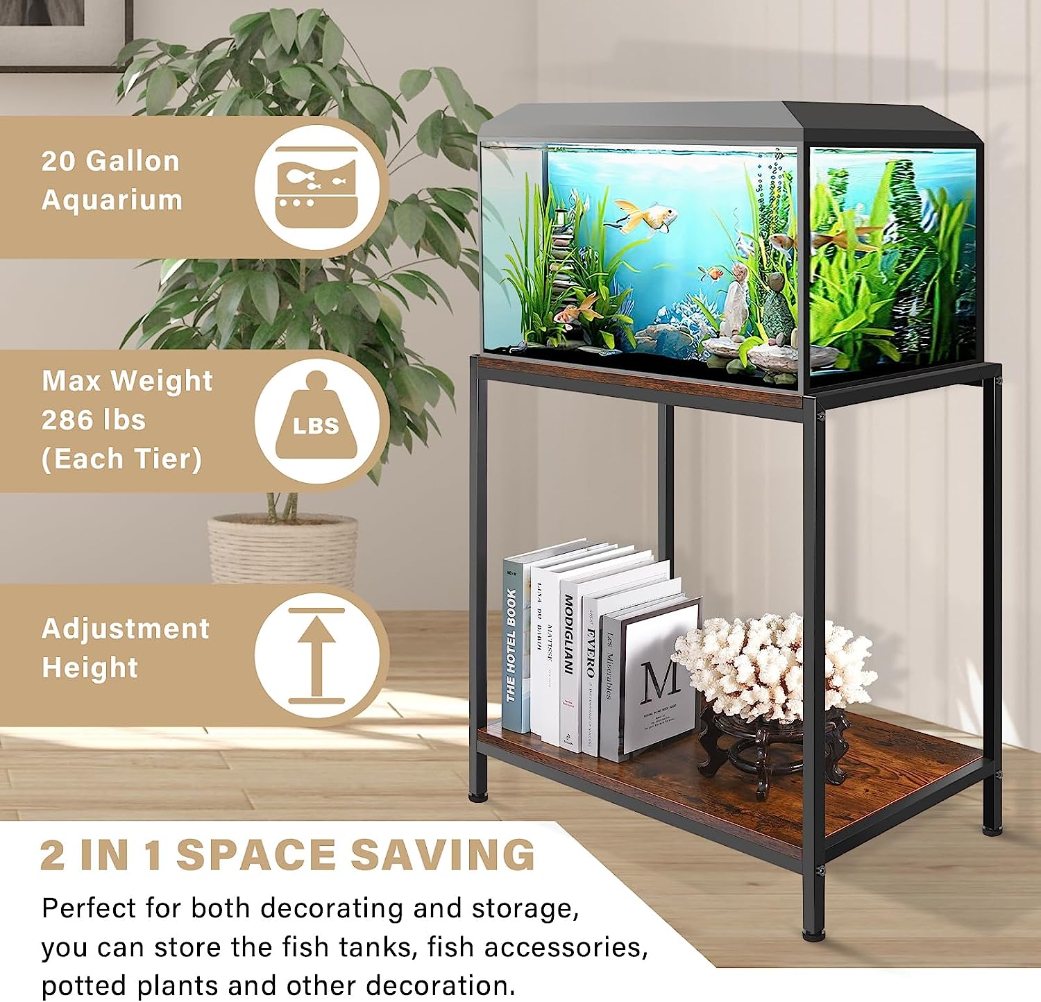 GADFISH Fish Tank Stand for up to 20 Gallon Aquarium, Metal Aquarium Stand for Fish Tank Accessories Storage, 2-tier Fish Tank Rack Shelf for Home Office, 27" L x 15.7" W, Tank not included