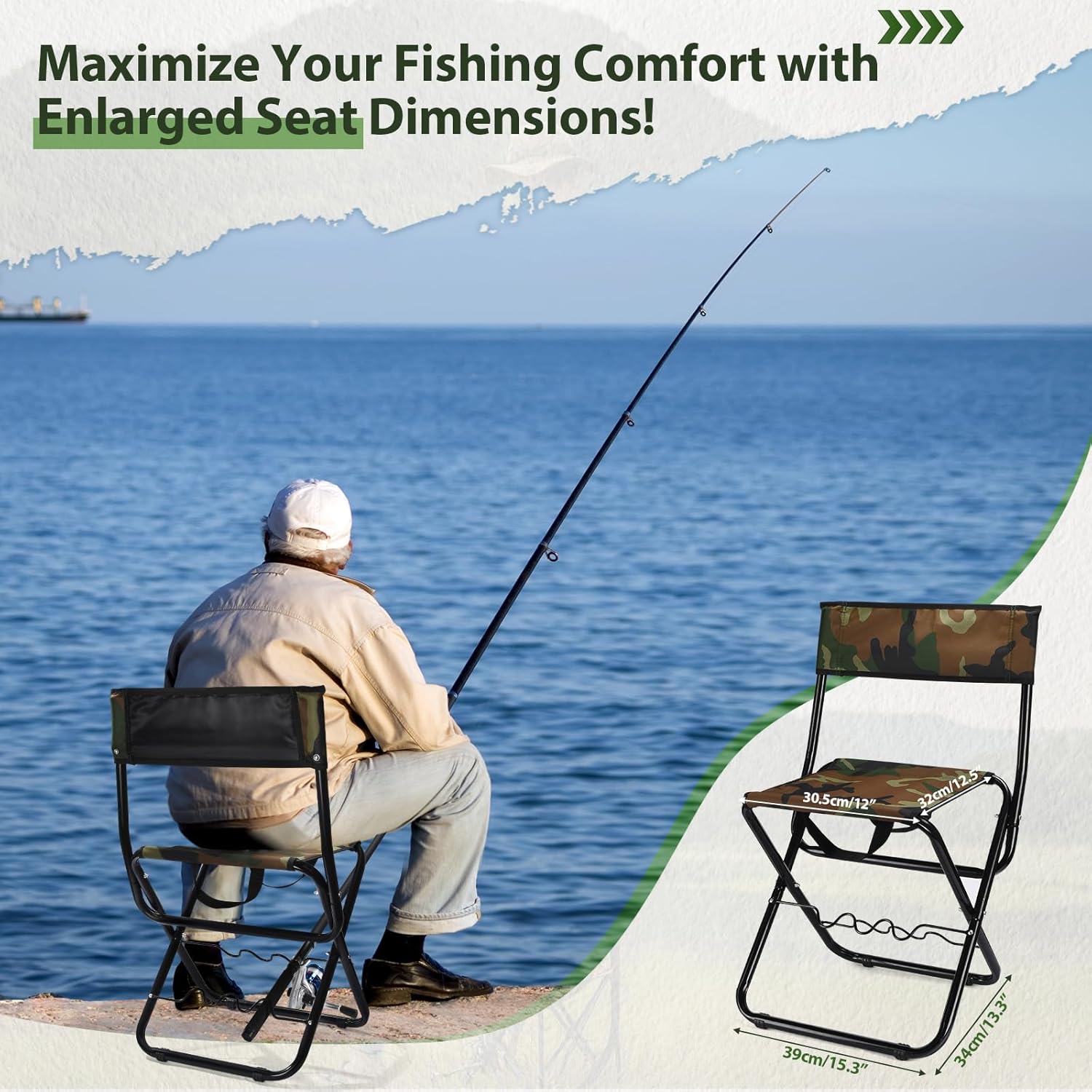 GADFISH Fishing Chair with Rod Holder, Portable Fishing Chairs for Adults, Outdoor Fishing Stool for Ice Fishing, Beach, Camp, Lawn, Patio, Garden