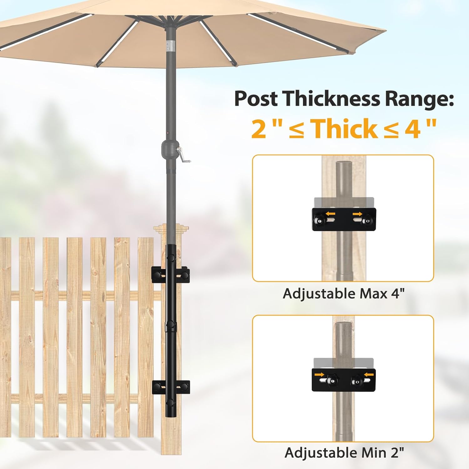 ZZM Patio Umbrella Holder for Deck Railing, Adjustable Deck Umbrella Mount Outdoor, Attachable to Railing Mounting Brackets - Upgraded 3 Screws to Secure Umbrella Handle, Maximizes Deck Space (Dark)