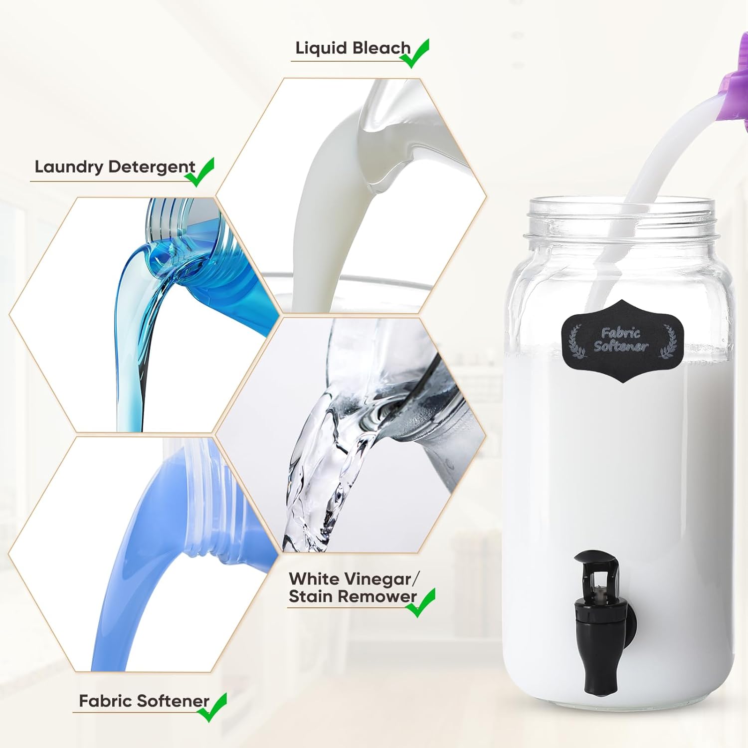 Liquid Laundry Detergent Dispenser, Three 2.2L Laundry Detergent Dispenser Glass Jar for Liquid Detergent, Bleach, Fabric Softener- Laundry Soap Dispenser for Laundry Room Organization