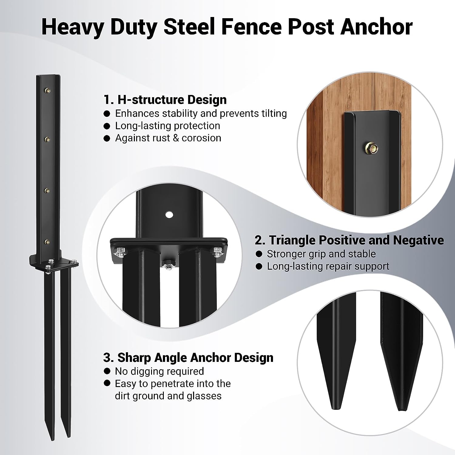 2 Pack Fence Post Anchor Kit, Heavy Duty Steel Fence Post Repair Stakes, Fence Post Anchor Ground Spike for Repairing Tilted Broken Wooden Fence Post, Black