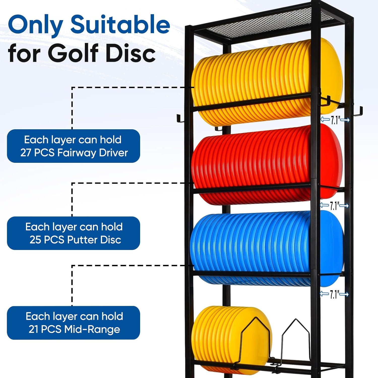 Disc Golf Storage, 6-Tier Disc Golf Rack, Movable Disc Golf Storage Shelf with Partition Frame, Large Disc Golf Storage for Organizing and Storing Disc Golf Discs, Black