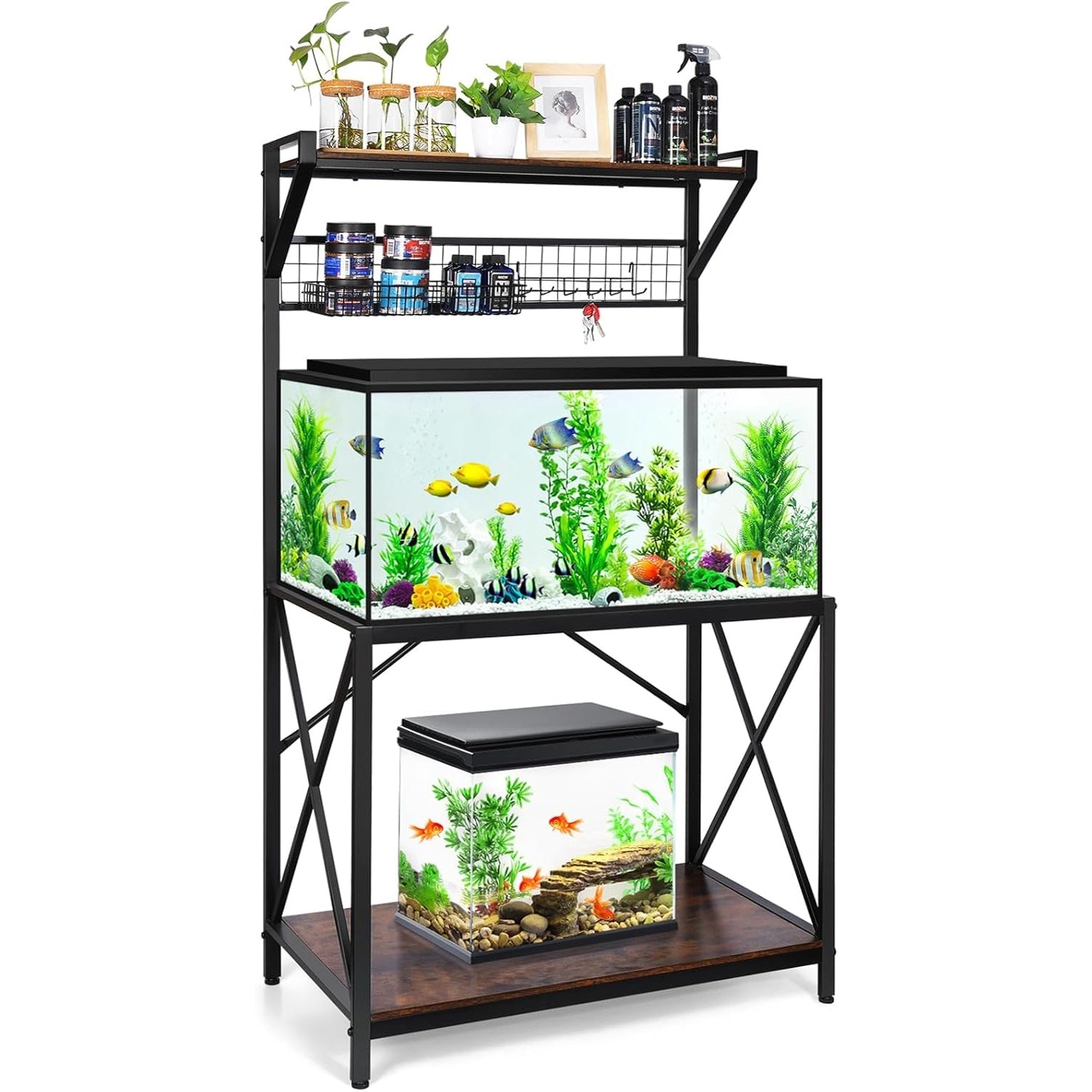 40 Gallon Fish Tank Stand, Vertical Three Tier Metal Aquarium Stand with Grid Wall Panel for Fish Tank Accessories Storage, Fits Aquarium, Turtle Tank, or Reptile Terrariums (Without Basket & Hooks)