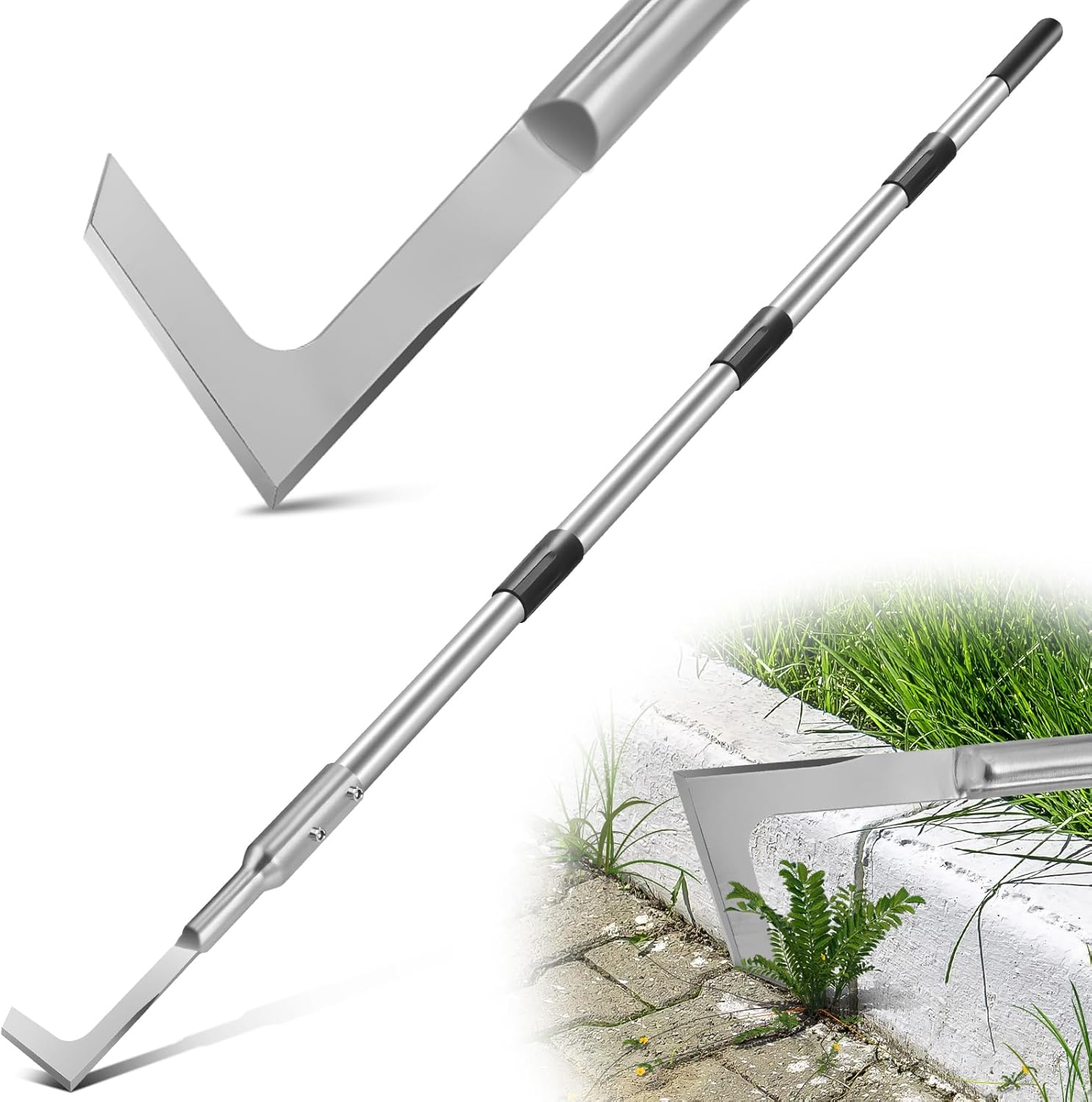 Crack Weeder Manual, Crevice Weeding Tool, Weed Remover Puller Tool with 30”-60” Adjustable Long Stainless Steel Handle for Sidewalk Deck Paver Boards Crack, Crevice Weed Cleaning Gardening Tool