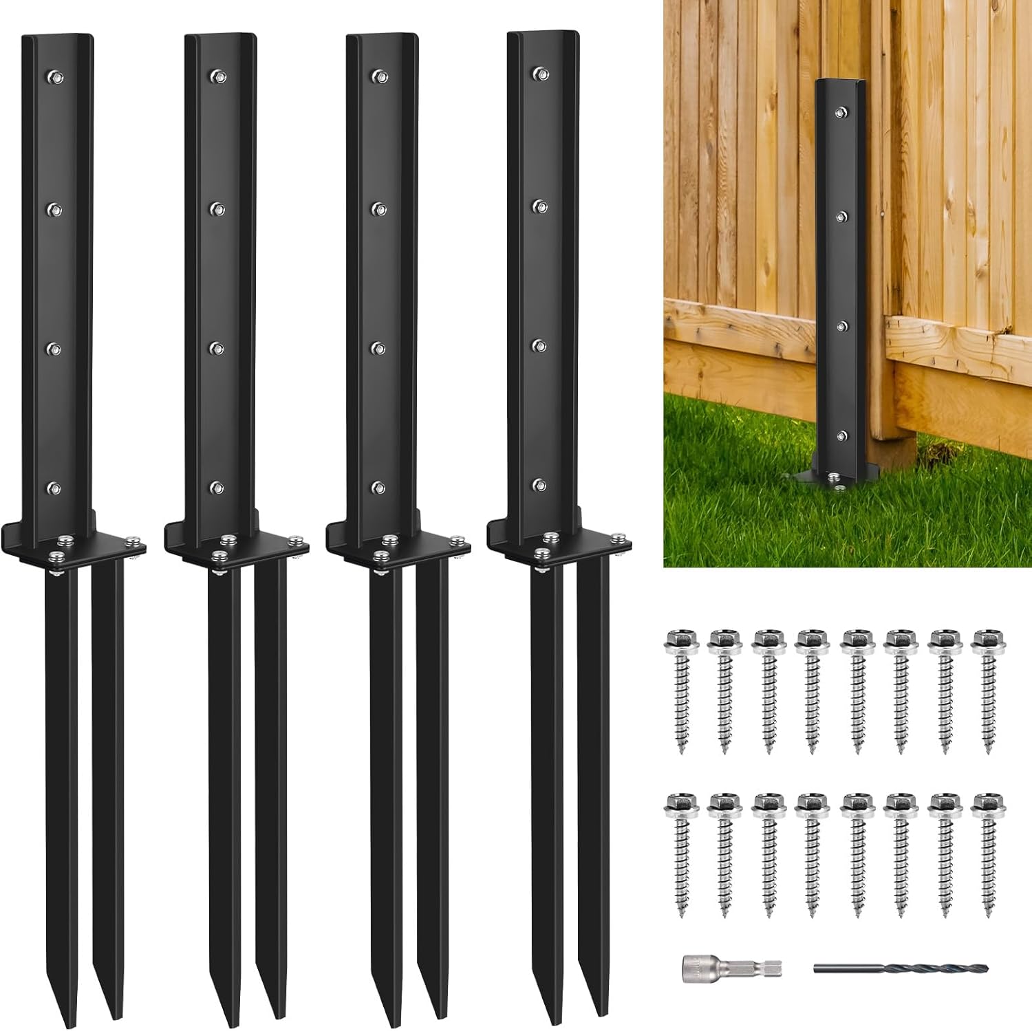 Fence Post Anchor Kit, Heavy Duty Steel Fence Post Repair Stakes, Fence Post Anchor Ground Spike for Repairing Tilted Broken Wooden Fence Post (4 Pack)