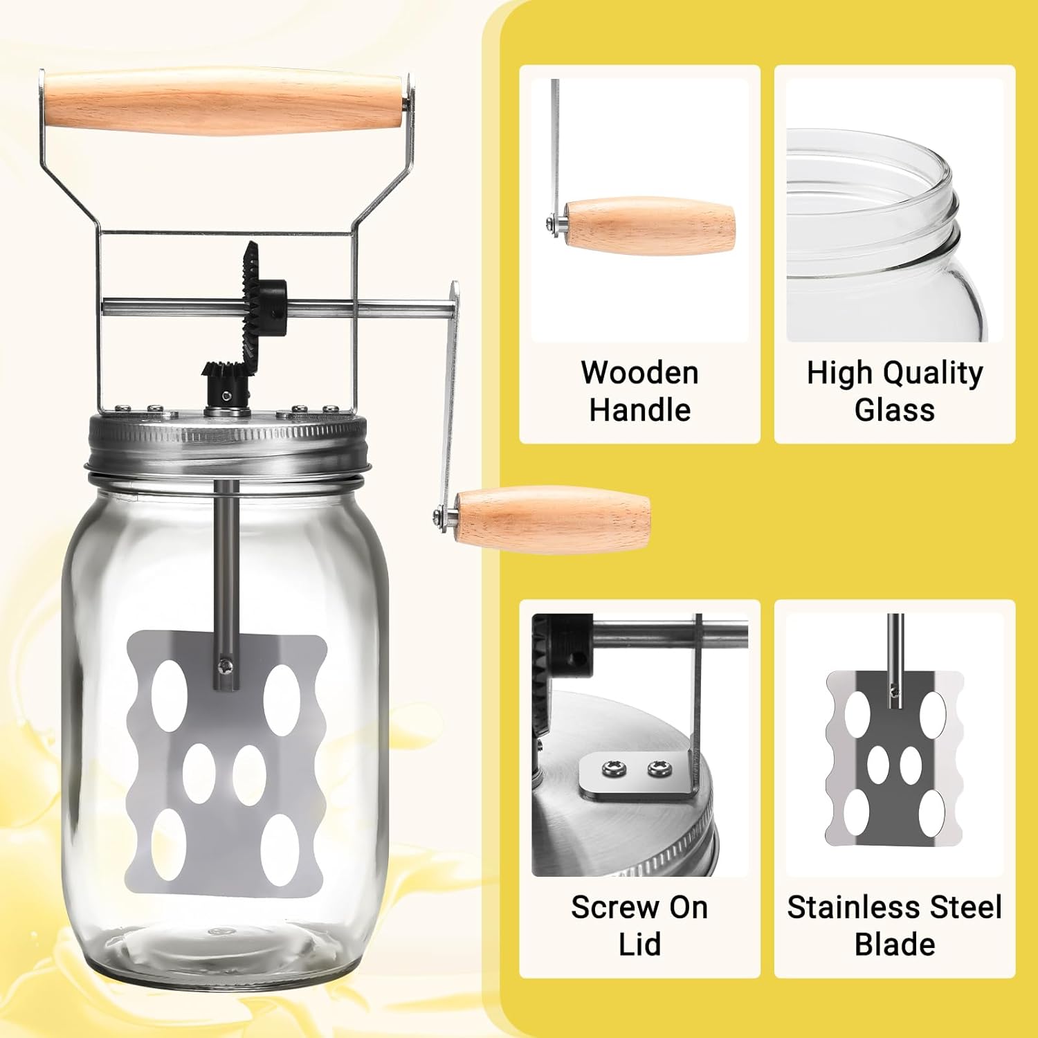 Butter Churn, Traditional Manual Butter Maker, 1L Capacity Butter Churner with Sifting Lid, Glass Butter Churn Create Delicious Homemade Butter within 15 Min, Upgraded Design Protect from Injury