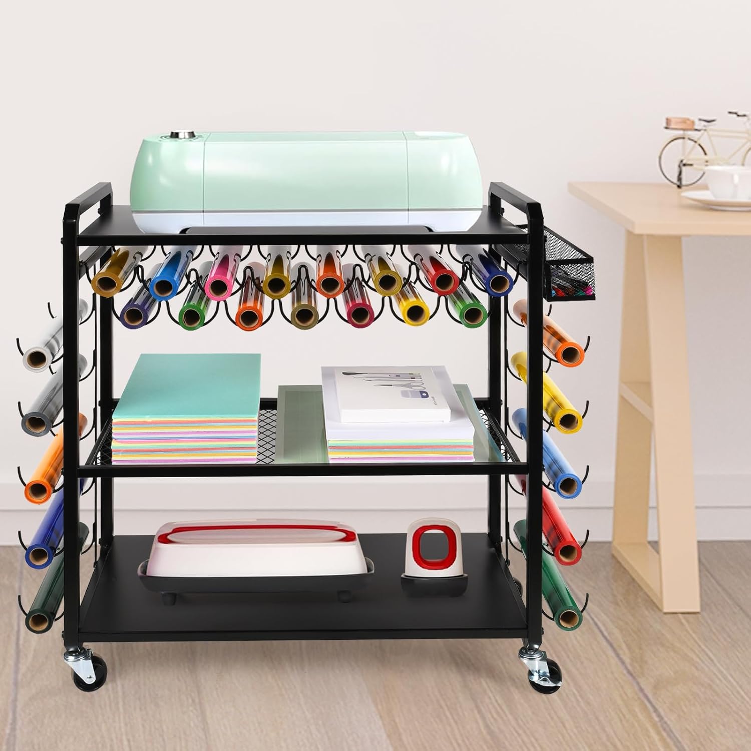 Rolling Craft Storage Cart and Organizer Table Compatible with Cricut Machine- Mobile Vinyl Roll Holder Rack, Vinyl Roll Storage Cart Rack with 25 Vinyl Roll Holders for Home Craft Room