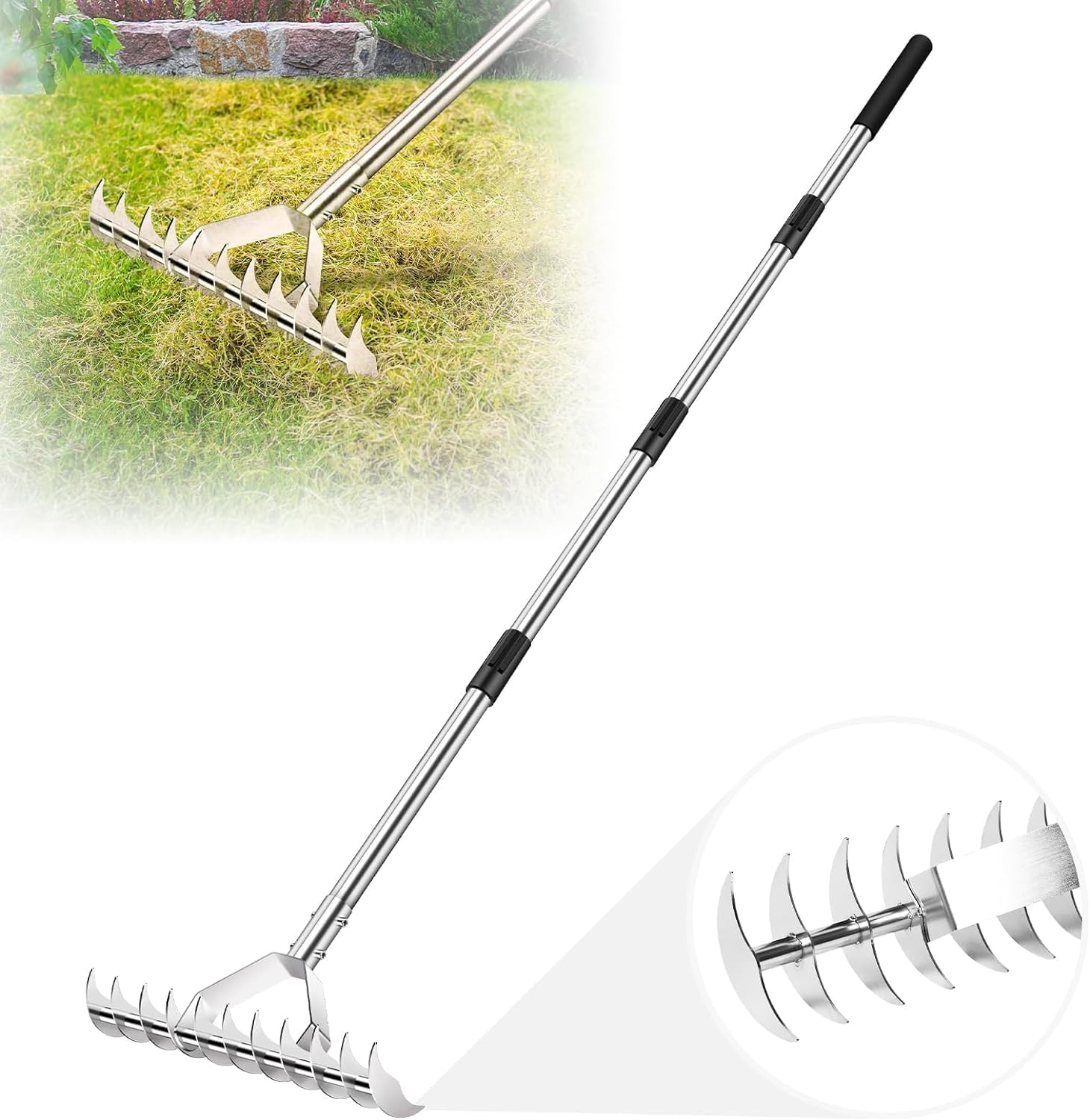 62" Thatch Rake, 15-Inch Wide Lawn Thatching Rake for Cleaning Dead Grass, 11 Curved Steel Tines Double-Sided Dethatching Rake for Garden, Lawn