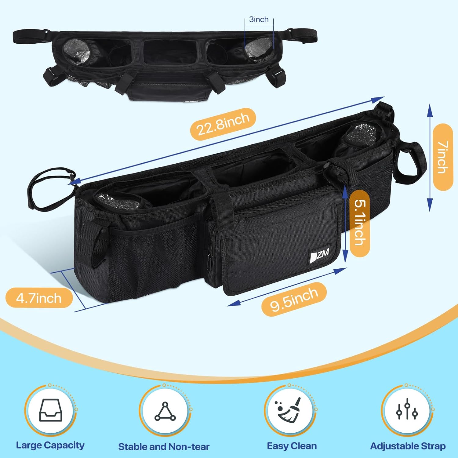 ZZM Double Stroller Organizer for Bob Duallie and Baby Jogger City Mini GT2, Double Baby Stroller Accessories with 2 Cooler Pockets, Parent Console Double Jogging Stroller Organizer(Empty Bag)